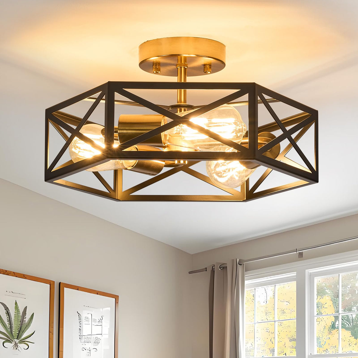Modern Farmhouse Black Metal Semi Flush Mount Ceiling Light Fixture 14.6 in | Industrial Lighting Fixture,Hexagonal Close to Ceiling Lights for Kitchen Island, Hallway,Bedroom,Foyer,Dining,Laundry Room