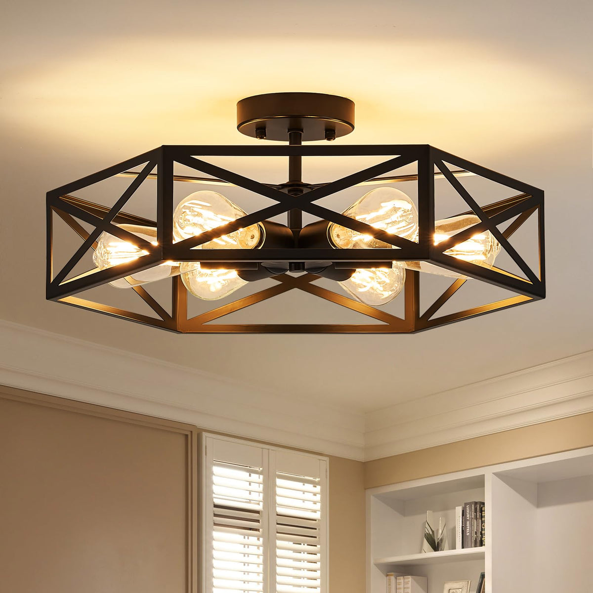 Black Modern Farmhouse Metal Semi Flush Mount Ceiling Light Fixture 14.6 in | Industrial Ceiling Lighting Fixture,hexagonal Lighting Fixtures for Kitchen Island Bedroom Foyer Dining Room Hallway,3-Light