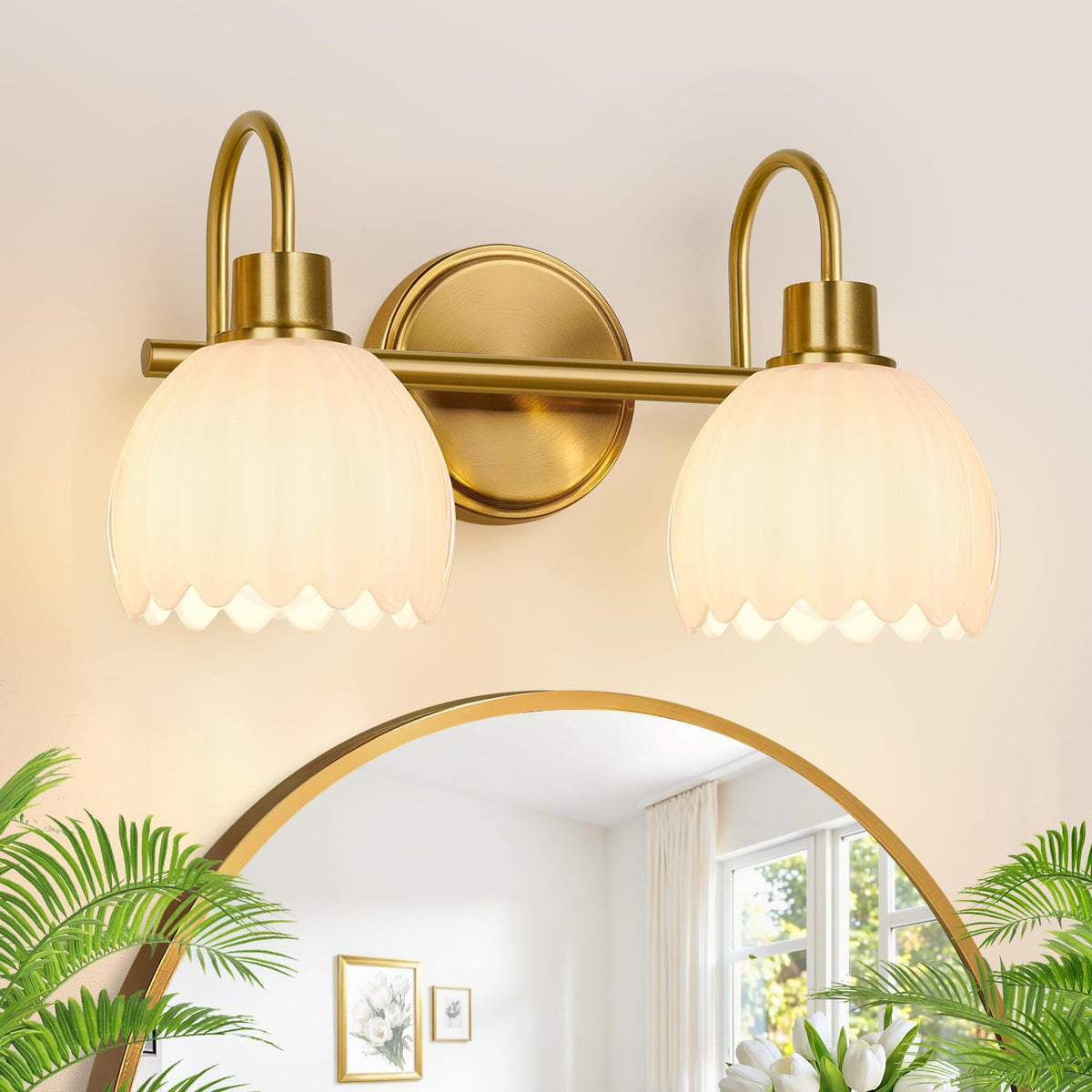 Bathroom Light Fixtures, 3-Light Brushed Gold Vanity Lights for Bathroom with Ribbed Amber Tulip Glass Shade, 20 in Bathroom Vanity Lights Over Mirror for Bedroom, Living Room, Hallway