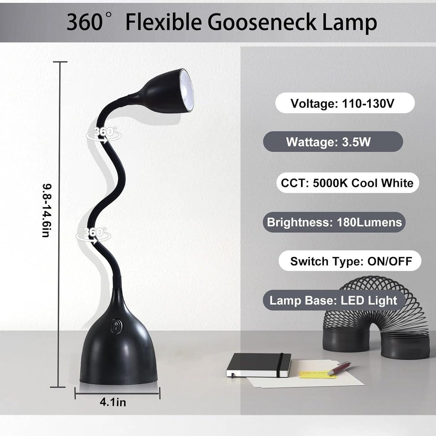 EJIAXIN Desk Lamp for Home Office, LED Reading Light, Small Adjustable Flexible Gooseneck Table Lamp, Eye-Caring Desk Lamp for College Dorm Room Study Lamp, Black