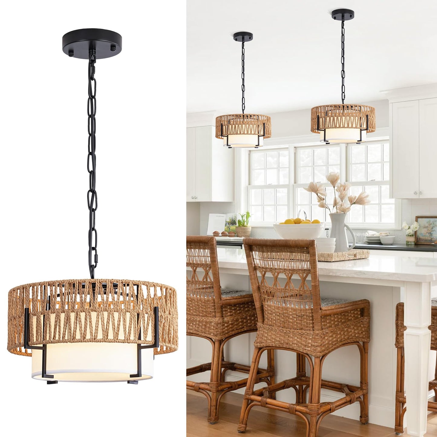 4-Light Rattan Chandelier for Dining Room, 19.7" Boho Pendant Light | Hand Woven, Drum Design with Fabric Shade, Farmhouse Style, for Living Room, Kitchen Island, Bedroom, Hallway, Foyer