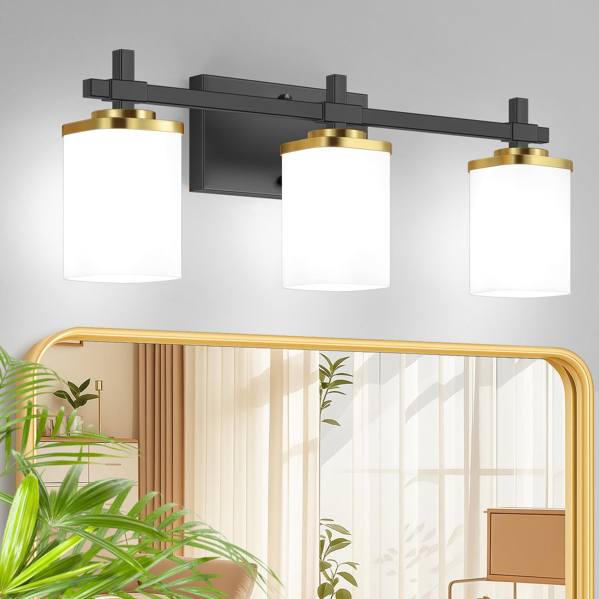 3-Lights Black and Gold Bathroom Light Fixtures Over Mirror, Modern Brushed Gold Vanity Lights for Bathroom, Sconces Wall Lighting with Square Glass Shade for Mirror Bedroom Hallway
