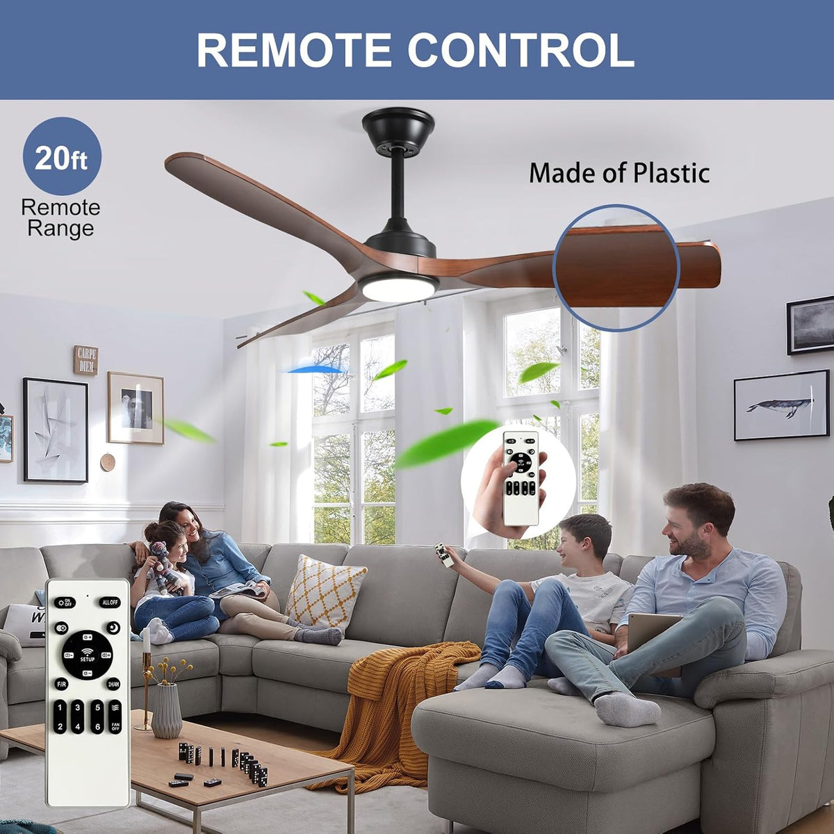 Outdoor Ceiling Fan with Light: 52 Inch 3 Blade Outdoor Fans for Patios - Modern Plastic Walnut Ceiling Fan with Dimmable Light Remote Control Ultra Quiet Reversible DC Motor Timer