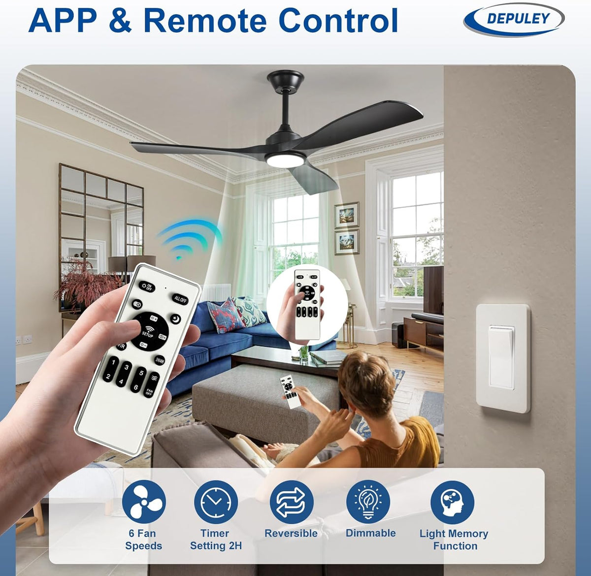 Depuley 52-Inch Ceiling Fan with Light: Black 3 Blade Outdoor Fans for Patios - Dimmable Indoor Fan with Remote Control Fandelier for Living Room Bedroom Porch Quiet Motor Reversible 6 Speed Timer