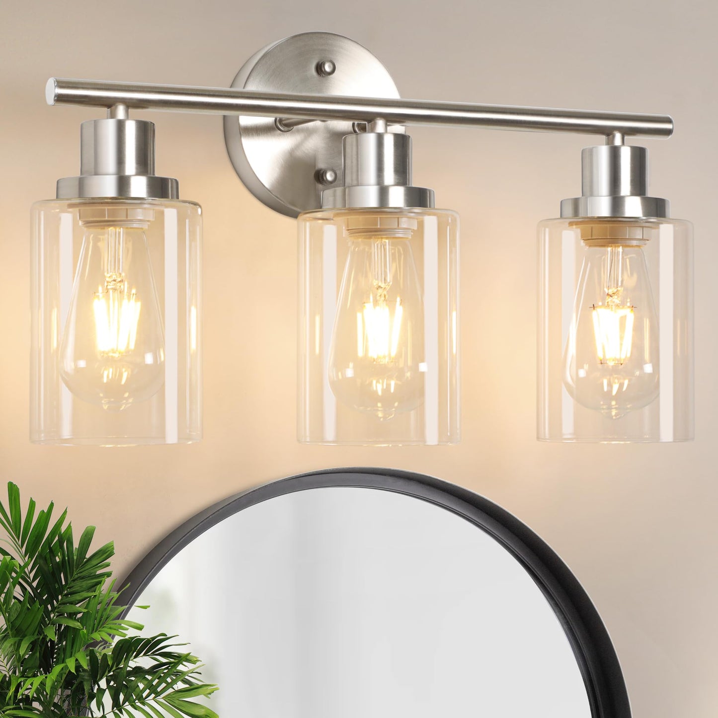 Modern Bathroom Light Fixtures, 3 Light Vanity Lights, Black Wall Lamp with Clear Glass for Bathroom, Mirror, Living Room, Bedroom, Hallway, E26 Base