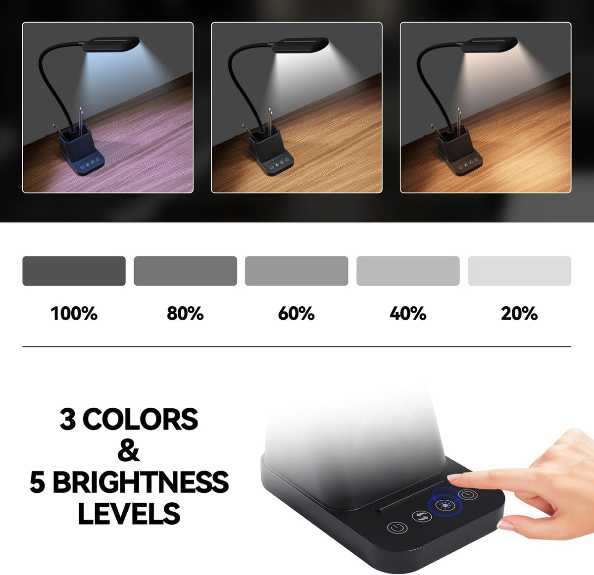 LED Desk Lamp with USB Charging Port for College Dorm Room | for Home Office Bedrooms, Back to School, Black, Small, 650LM, Pen Holder, Timer Settings, Gooseneck, Study Light