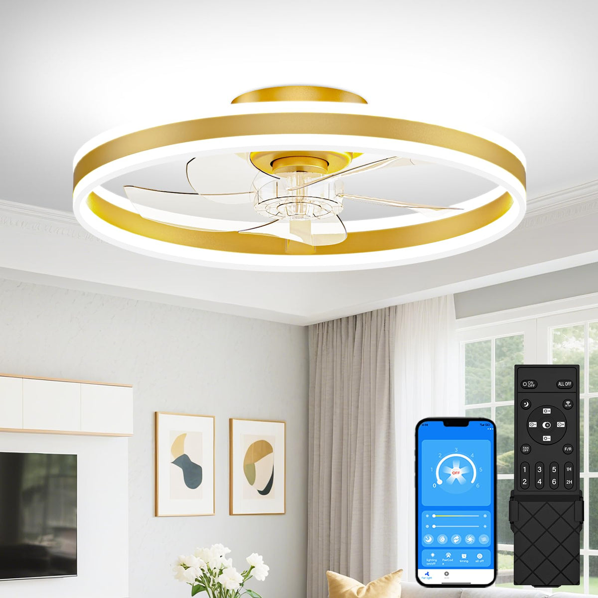 VOLISUN Low Profile Ceiling Fans with Lights and Remote, 27.6in Flush Mount Ceiling Fans with Light, 3000K-6500K Dimmable Fandelier LED Fan Light, Black Bladeless Ceiling Fans with Lights for Bedroom