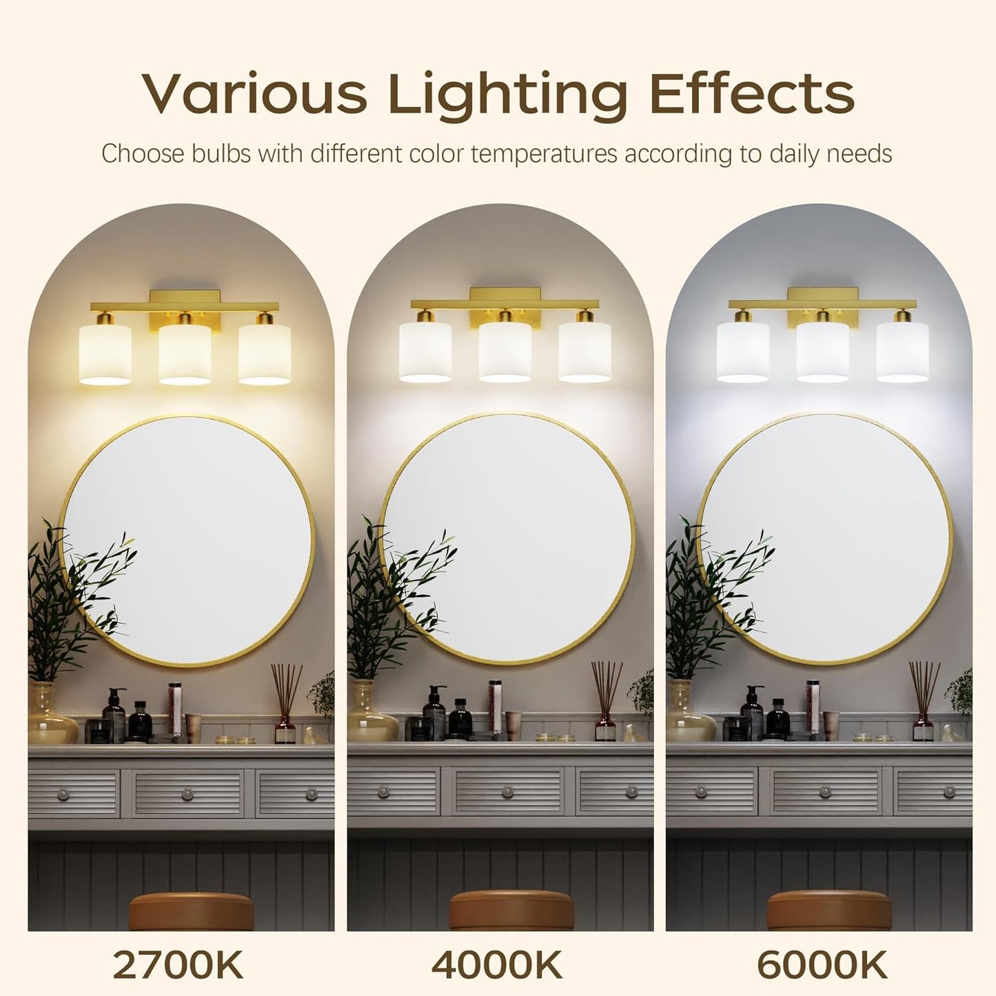 Bathroom Light Fixtures, Bathroom Lighting Fixtures Over Mirror, Interior Classic Vanity Lights, Modern Vanity Light with Textured White Glass Shade, Brushed Gold, 3-Light