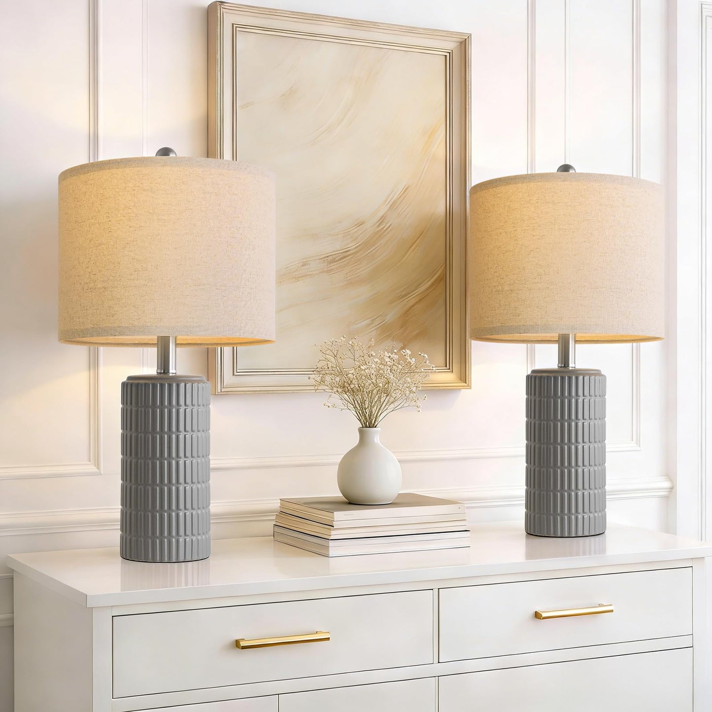 PoKat 20.75" Small Modern Ceramic Table Lamps Set of 2 for Bedroom, White | Bedside lamps for nightstands, farmhouse home decor, end table & desk light, ideal housewarming new home gift for women mom