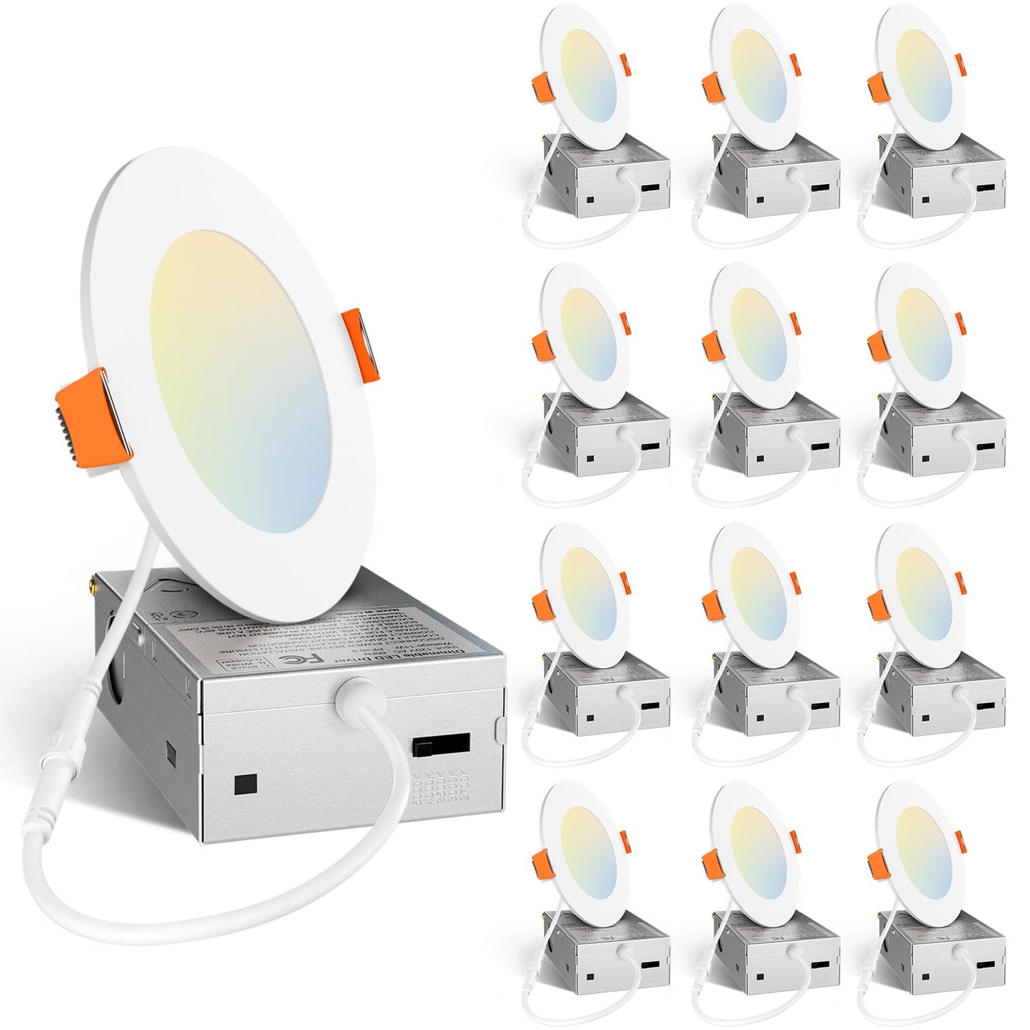 Amico 12 Pack 6 Inch LED Recessed Lighting, Canless Wafer Downlight, White | 5CCT 2700K-5000K, 5%-100% Dimmable, Ultra-thin, Metal housing, 1050LM 12W 120V, IC & Damp Rated, ETL & FCC, 50000h Life Span