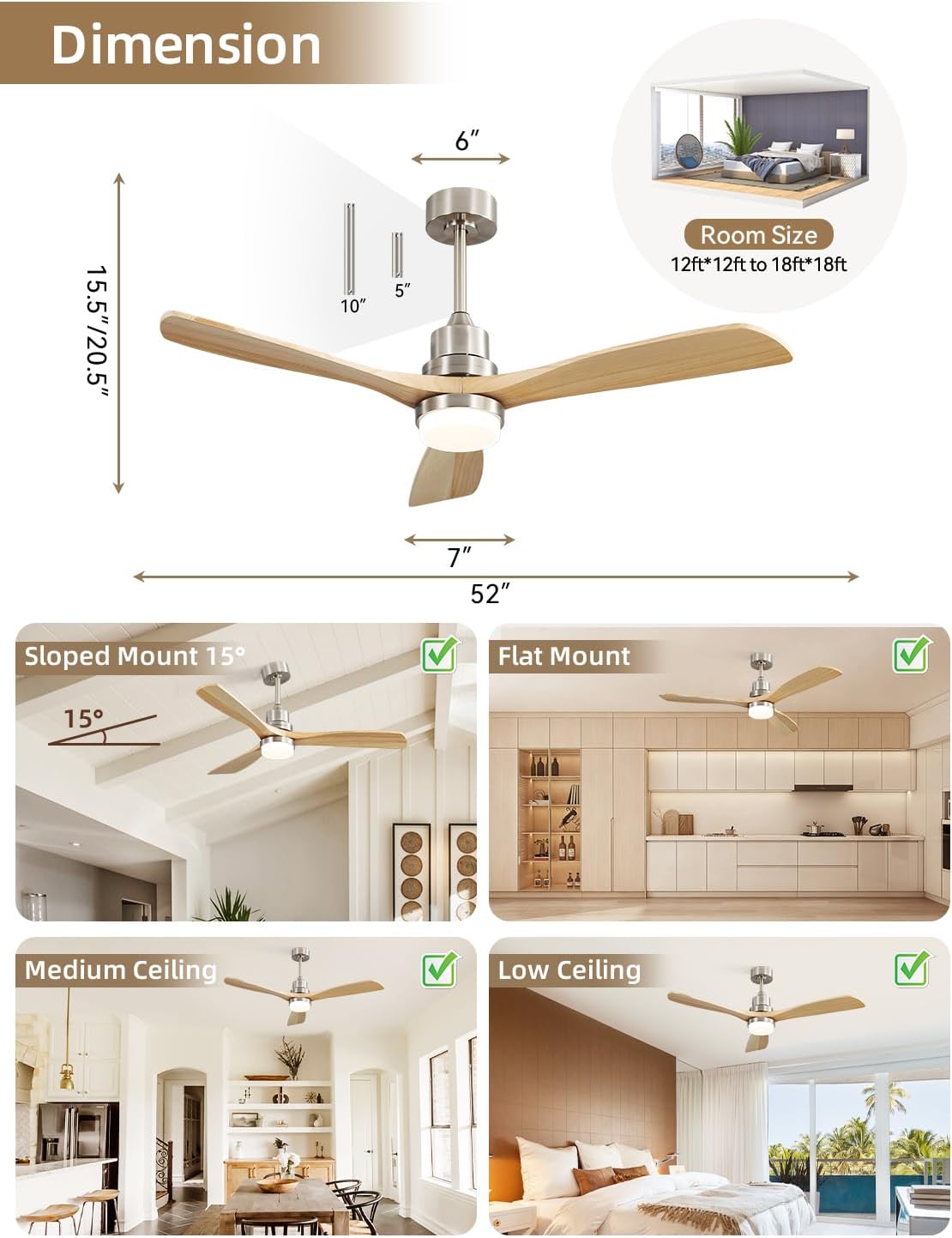 Sofucor 52 Inch Wood Ceiling Fans with Lights and Remote, Indoor/Outdoor | Modern, 3 Blade, Quiet Reversible DC Motor, 3CCT Dimmable, 6 Speeds, Timer, Bedroom/Living Room/Patio/Kitchen, Natural Wood