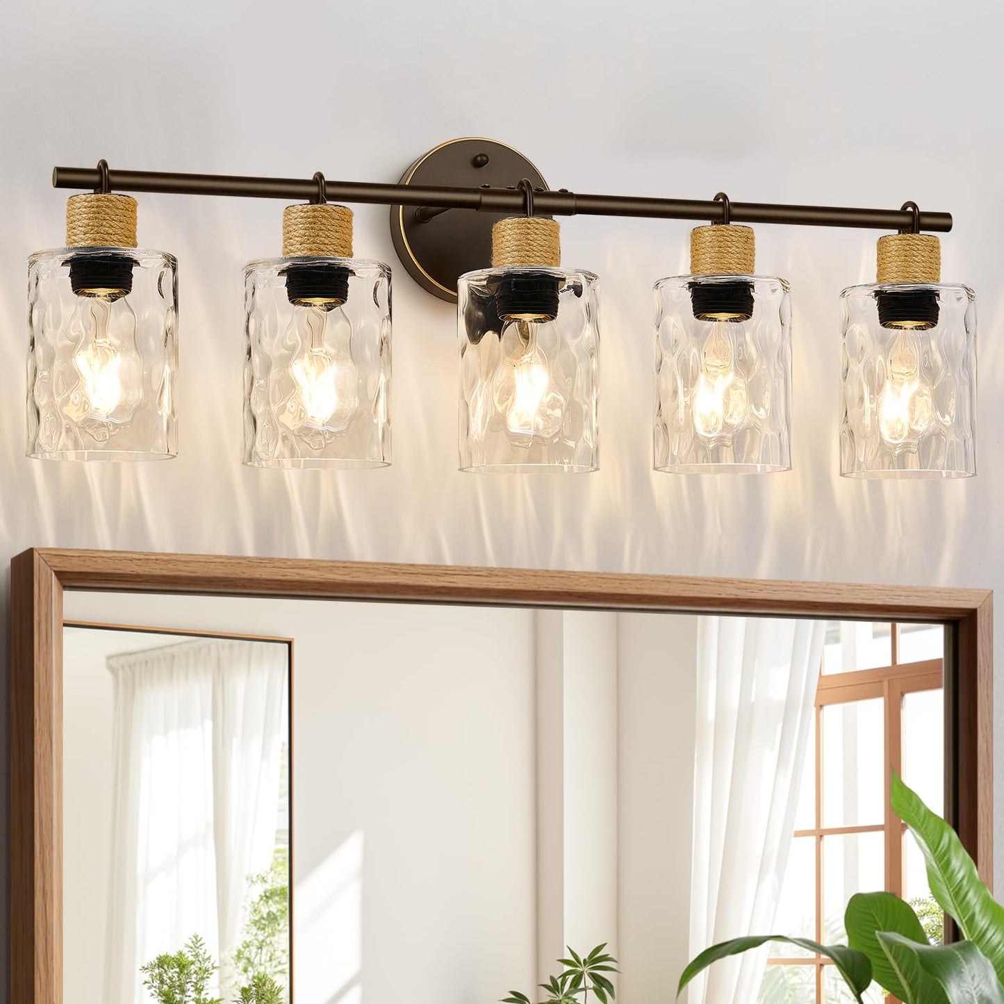 MOKATNG Bathroom Light Fixtures, 3-Light Coastal Vanity Lights with Crystal Glass Shade, Black Bathroom Wall Lamp for Mirror Kitchen Hallway Cabinet