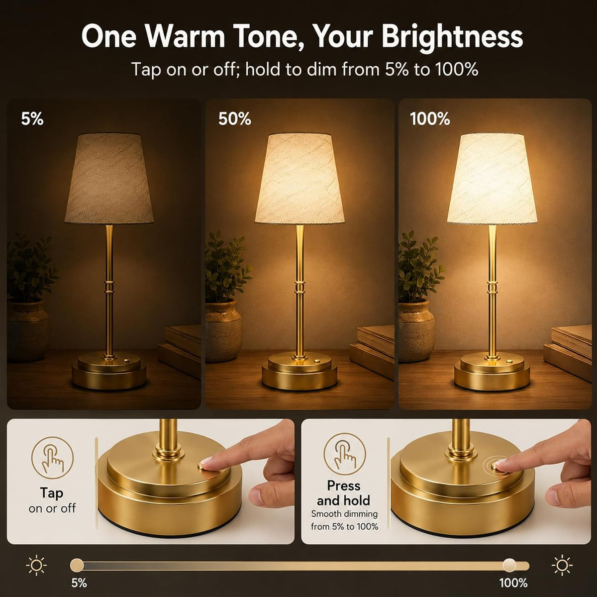 Rechargeable Cordless Table Lamp, Nightstand to End Table,Gold,1 Pack | 6000mAh Battery Operated, 16-Inch Antique Brass Aesthetic, For Kitchen Counter, Bathroom Vanity and Dining Room