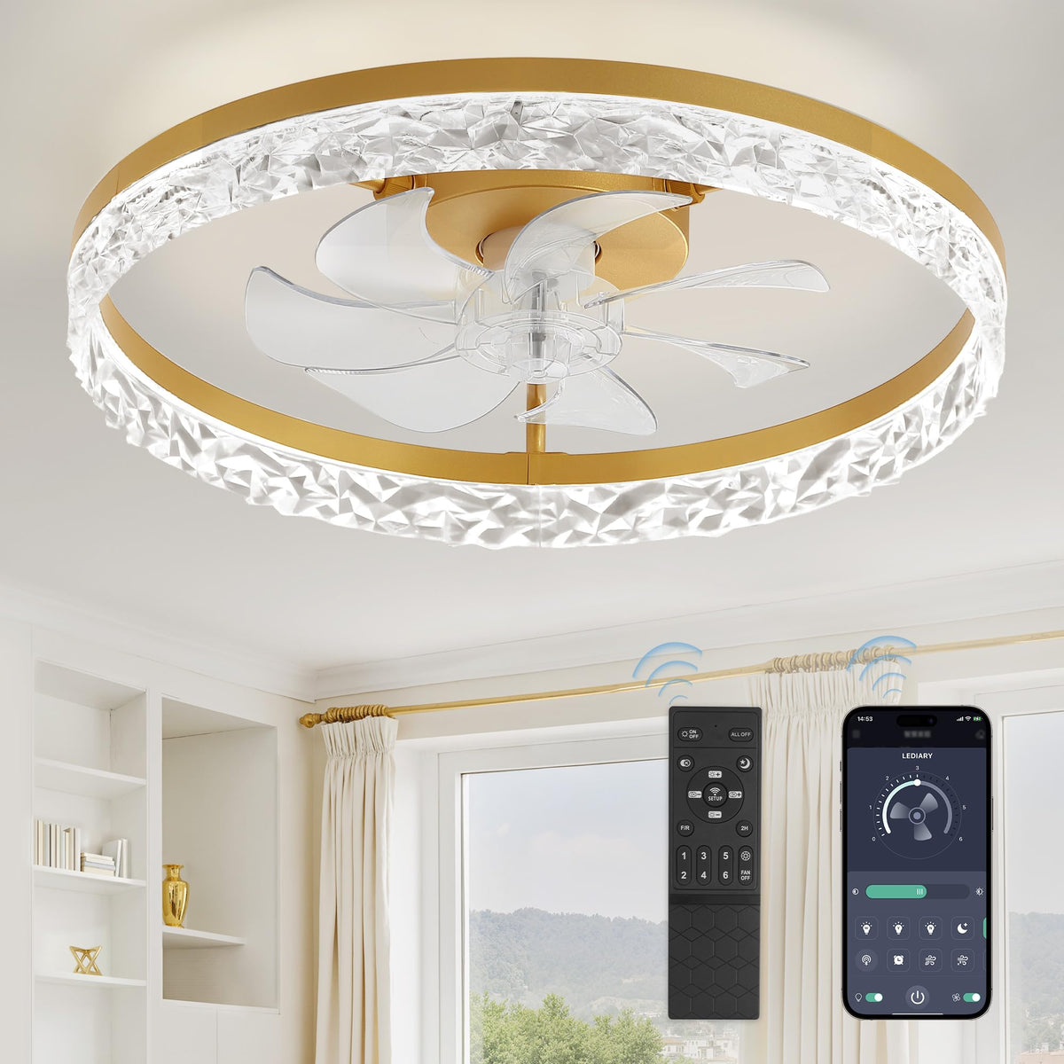 LEDIARY 20" Modern Ceiling Fans with Lights and Remote, White Fandelier | Dimmable Low Profile, Flush Mount Ceiling Fan, Stepless Color Temperature Change, 6 Speeds, Bedroom, Living Room, Kitchen