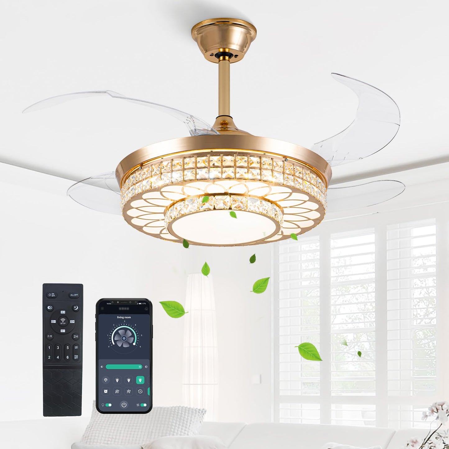 42" Retractable Ceiling Fans with Lights, Crystal Chandelier Ceiling Fan with Remote & APP Control, Modern Dimmable LED Fandelier for Living Room, Dinning Room, Bedroom (Silver)