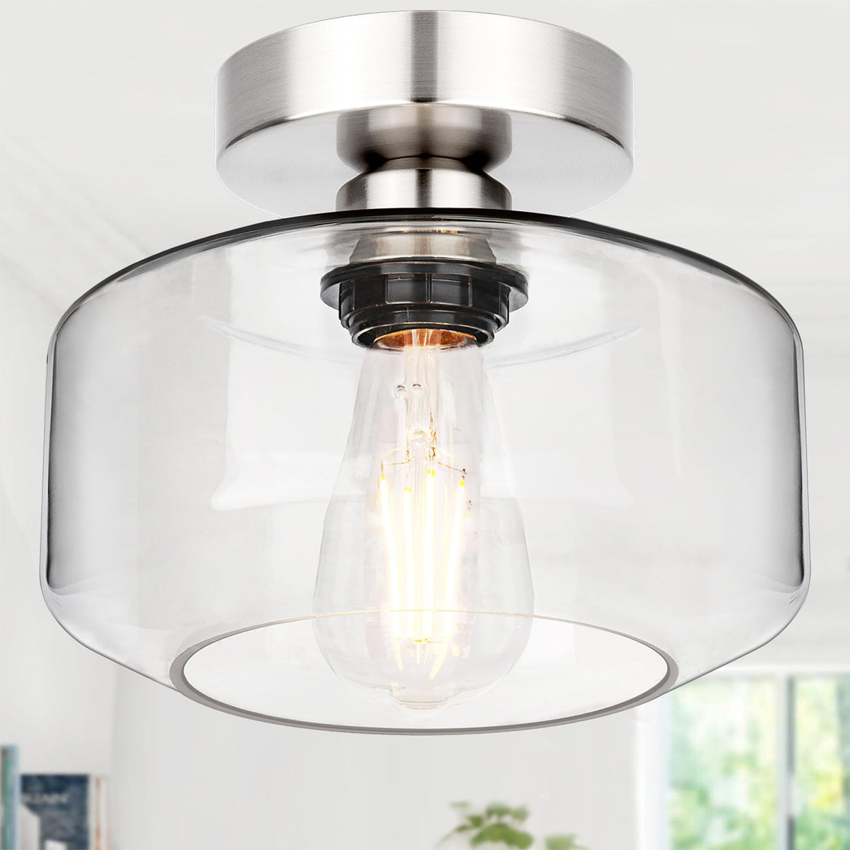 Industrial Semi Flush Mount Ceiling Light, 800 Lumen LED Bulb Included, Seeded Glass Shade Farmhouse Light Fixture for Hallway Corridor Kitchen Bathroom Bedroom Passway