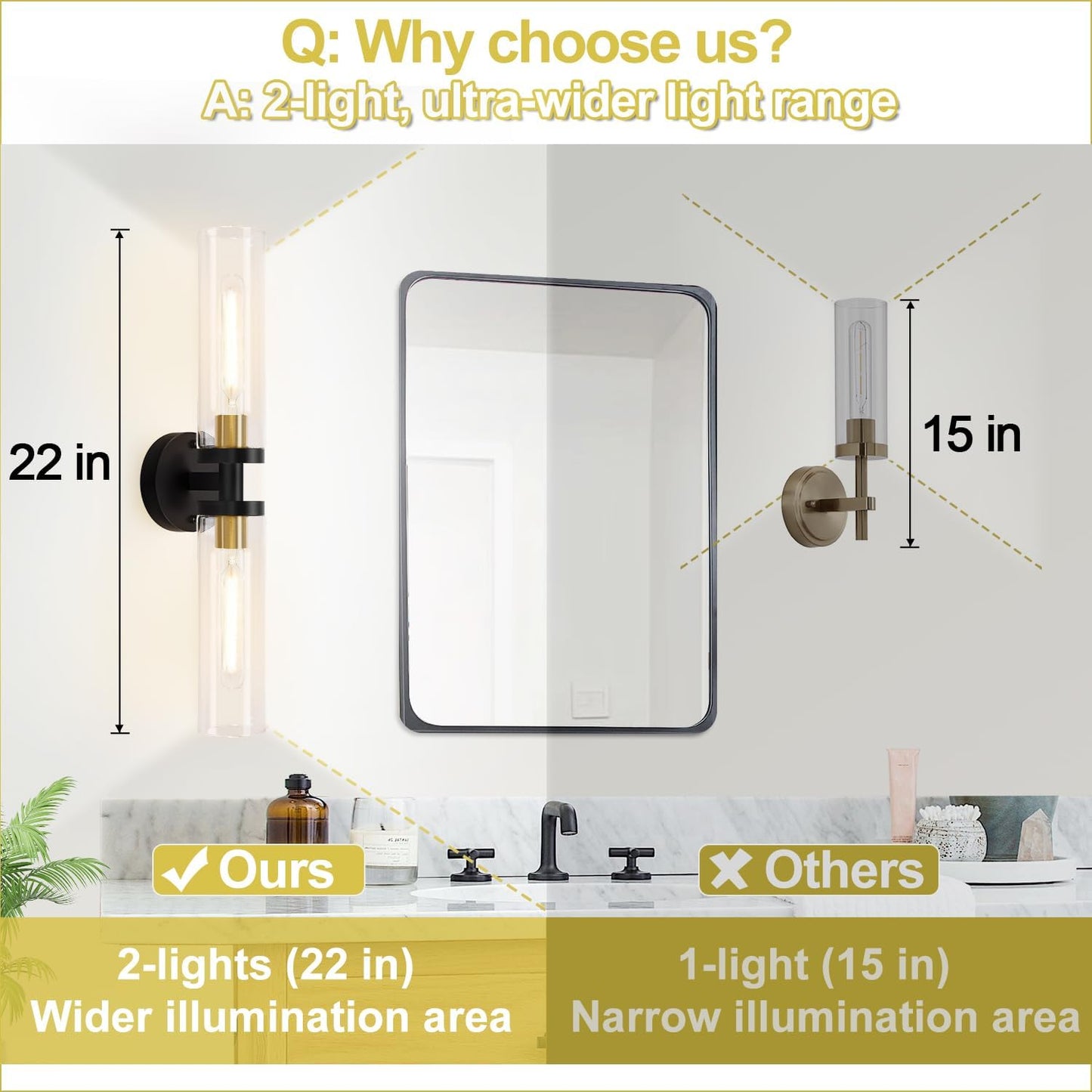 Indoi Hardwired Wall Sconces Set of Two, 22" Black and Gold Bathroom Sconces with Clear Glass, Modern Sconces Wall Decor Set of 2 Wall Light fixtures for Bathroom Mirror Living Room Hallway Bedroom