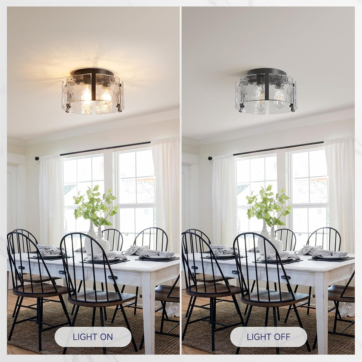 Black Semi Flush Mount Ceiling Light, 14" Farmhouse Hallway Light Fixtures | Vintage Drum Glass Entryway Lighting, Mid Century Modern Lights for Kitchen Dining Room Foyer Bedroom Laundry Room Bathroom