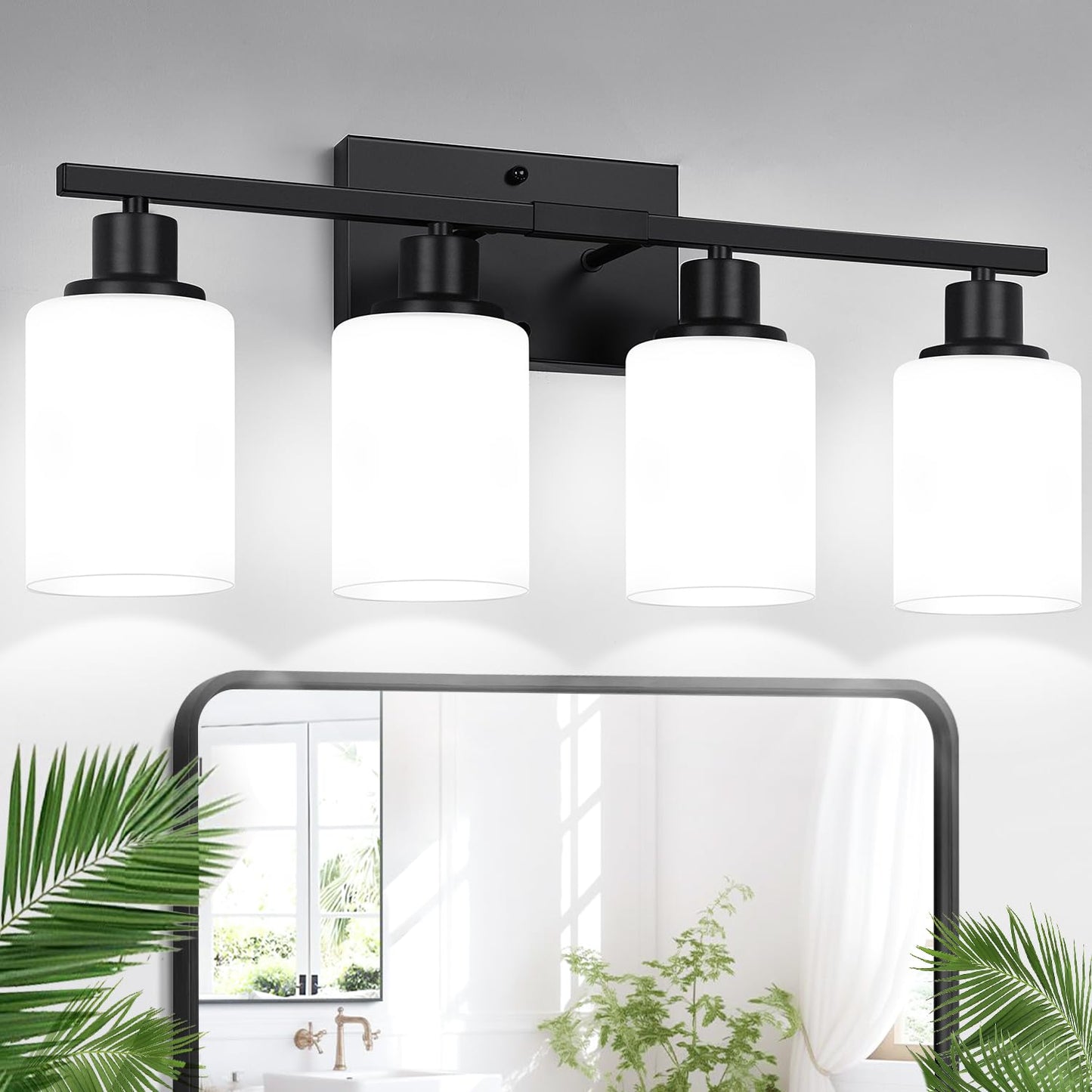 Indoi 4-Light Bathroom Light Fixtures, Matte Black Modern Vanity Lights with Clear Glass Shades, Bathroom Wall Lamp for Mirror Living Room Cabinet Bedroom Porch