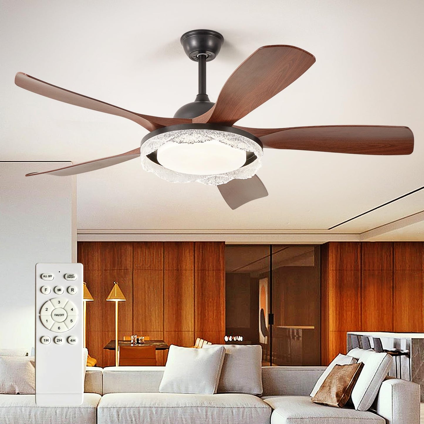 Outdoor Ceiling Fan with Light: 52 Inch 3 Blade Outdoor Fans for Patios - Modern Plastic Walnut Ceiling Fan with Dimmable Light Remote Control Ultra Quiet Reversible DC Motor Timer