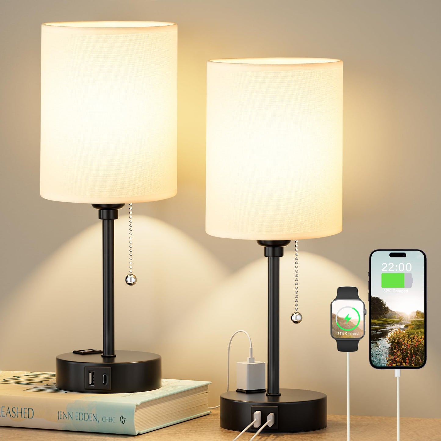 Dicoool Bedside Table Lamp for Bedroom - Small Desk Lamp with USB Ports | USB A+C Ports, AC Outlet, 3 Color Temperatures, LED Bulb Included, White Fabric Shade, Black Metal Base, 14" Nightstand lamp