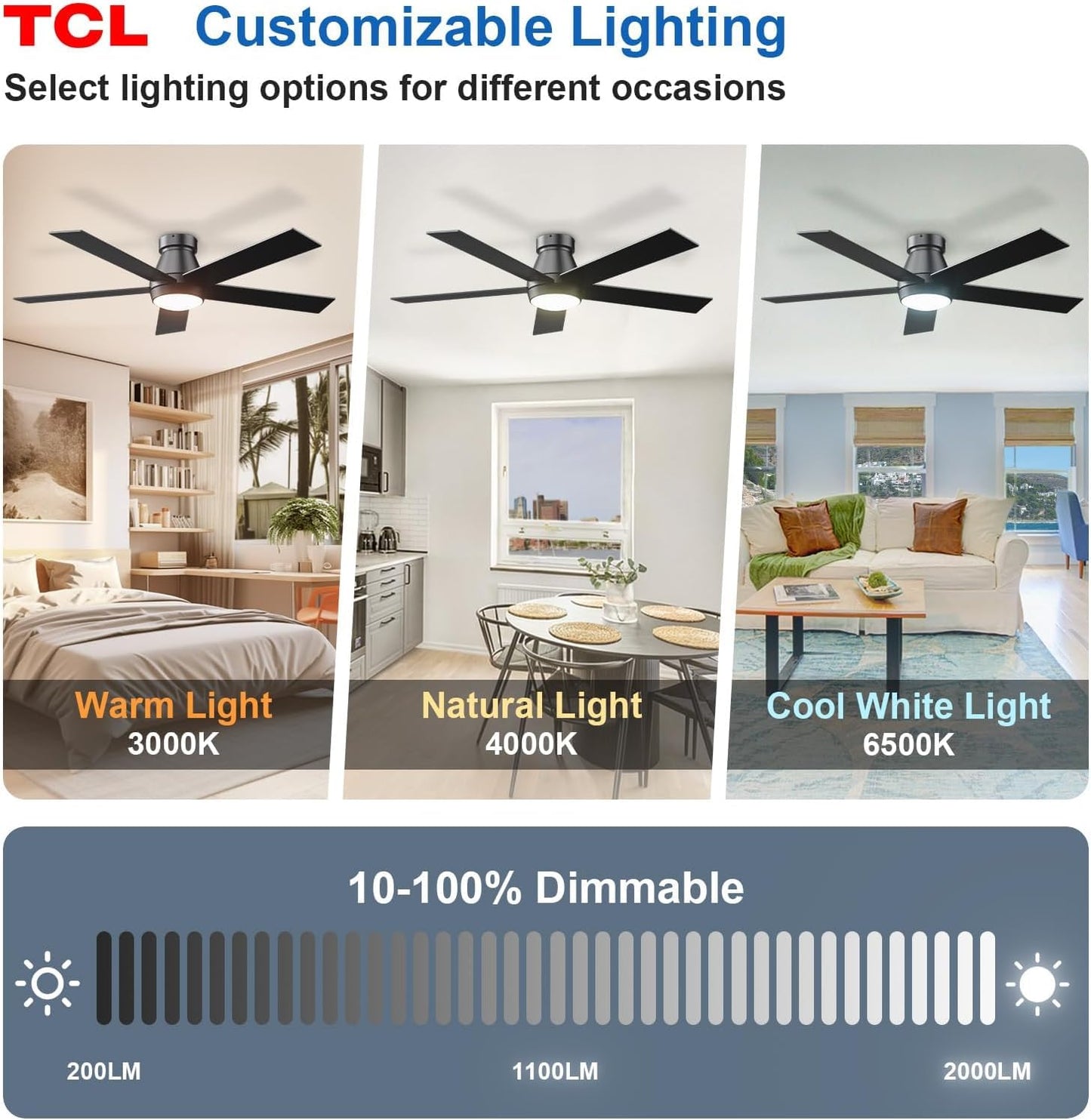 TCL 52" Black Flush Mount Ceiling Fan with Light & Remote | Low profile ceiling fan with quiet 6-speed reversible DC motor. Dimmable LED light. Ideal noiseless fan for bedroom