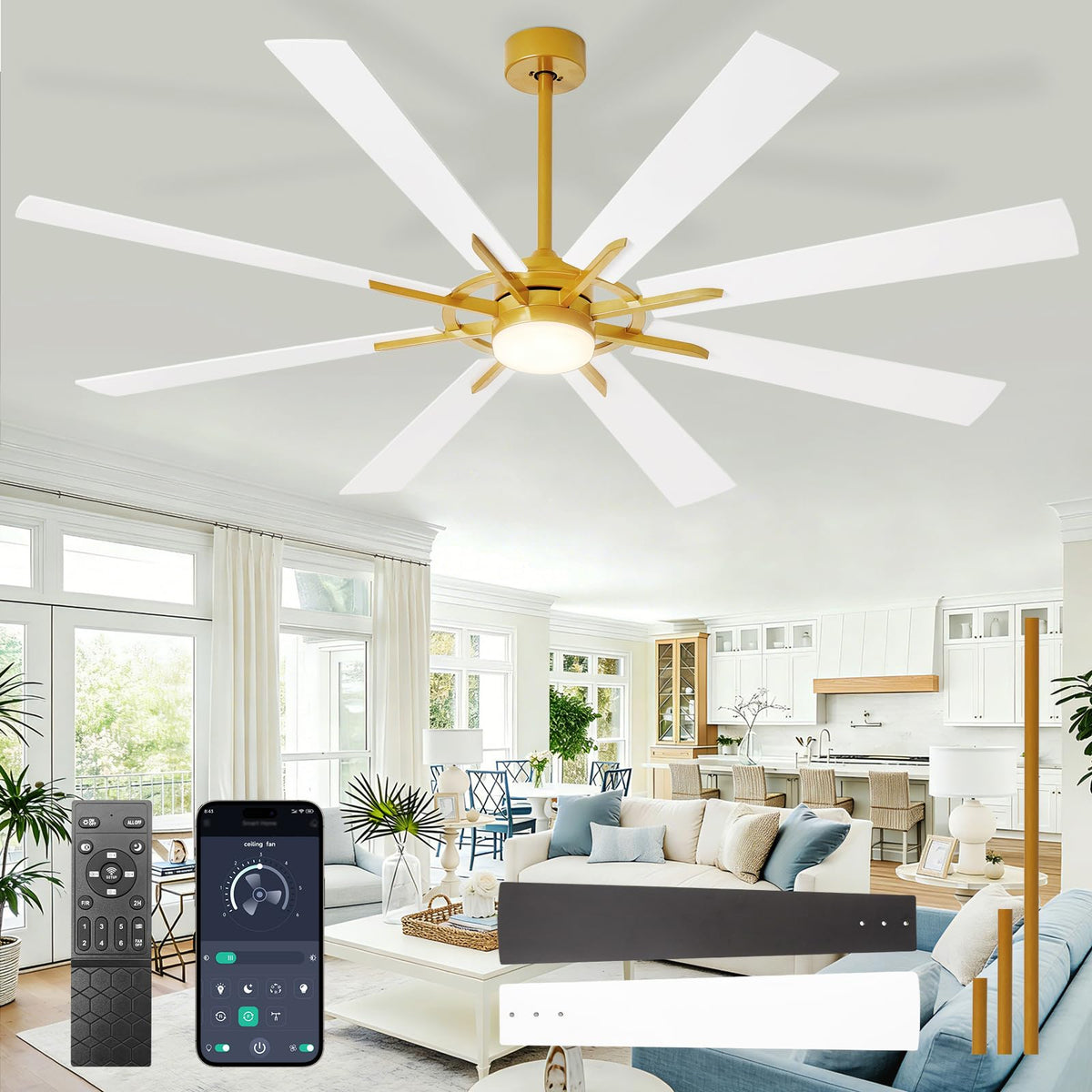 Large Ceiling Fans with Lights: Modern 72 Inch 8 Blade Outdoor Ceiling Fan with Remote APP Control - Dimmable Black Big Fan Light Indoor Reversible 6 Speed Quiet DC Motor