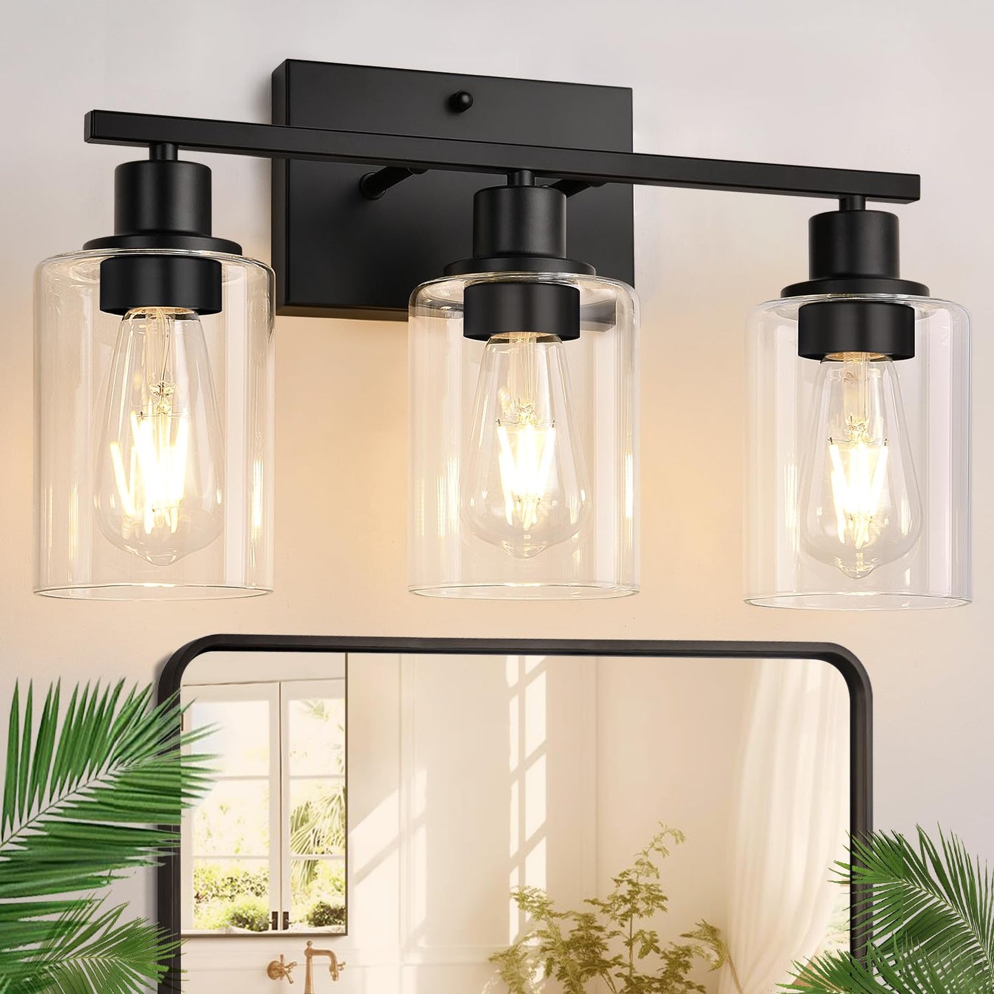 Indoi 4-Light Bathroom Light Fixtures, Matte Black Modern Vanity Lights with Clear Glass Shades, Bathroom Wall Lamp for Mirror Living Room Cabinet Bedroom Porch