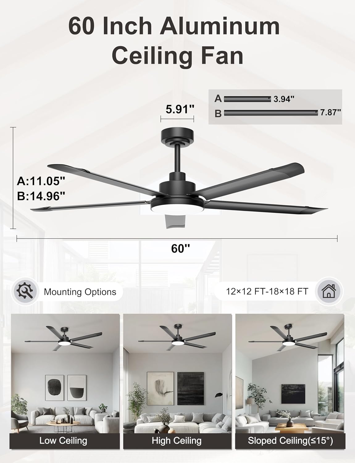 Ohniyou 60'' Industrial Ceiling Fan with Light for Patio, Porch, Black | 6800 CFM Airflow, 35dB DC Motor, 5 Aluminum Blades, 3CCT Dimming, Remote/APP Control, Covered Outdoor Metal Fan
