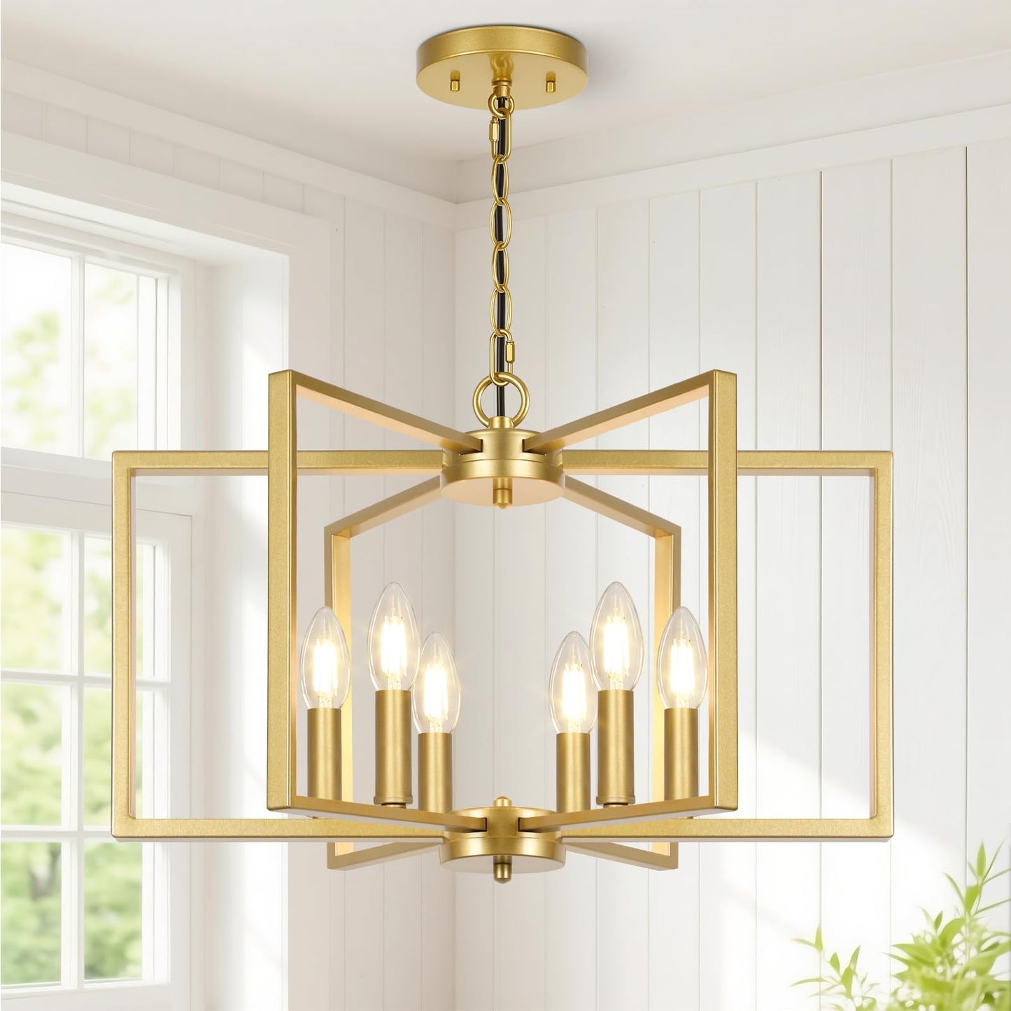 Black Farmhouse Chandelier, 6 Light Geometric Dining Room Light Fixture, Modern Industrial Metal Ceiling Light Rustic Hanging Pendant Lights with E12 base for Kitchen Island Entryway Foyer, Indoor