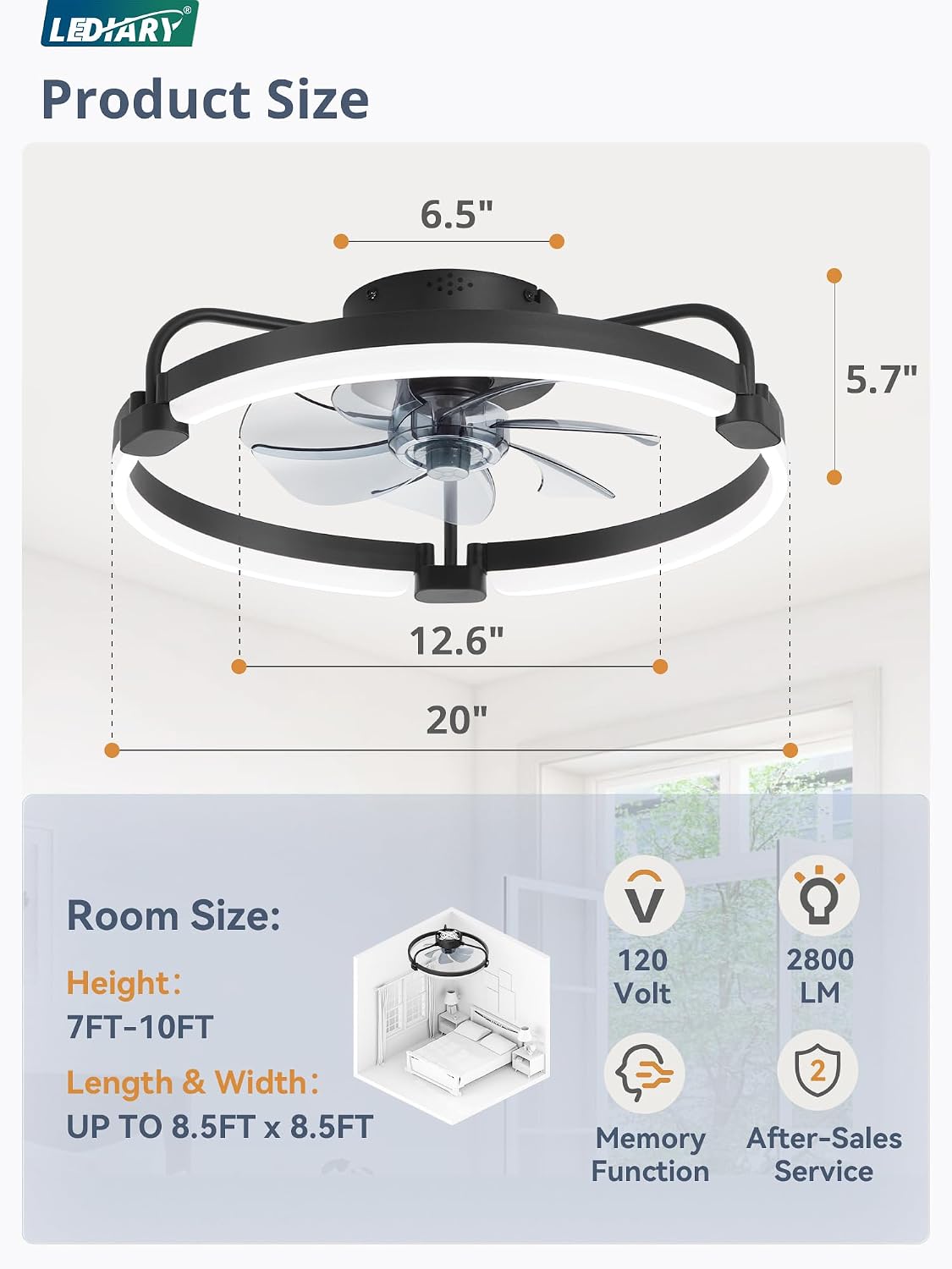 LEDIARY 20" Ceiling Fans with Lights and Remote, Low Profile Led Fan Light | Flush Mount, Stepless Dimmable Fandelier, 6 Speeds, 3 CCT, Quiet Reversible DC Motor, 2H Timer, Bedroom, Living Room, Black