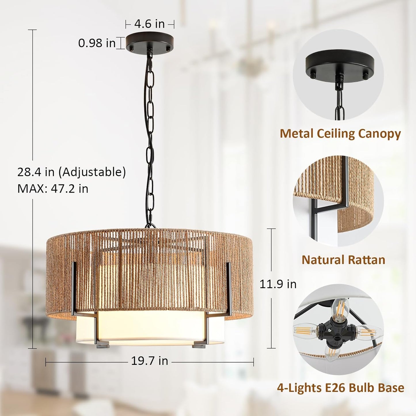 4-Light Rattan Chandelier for Dining Room, 19.7" Boho Pendant Light | Hand Woven, Drum Design with Fabric Shade, Farmhouse Style, for Living Room, Kitchen Island, Bedroom, Hallway, Foyer