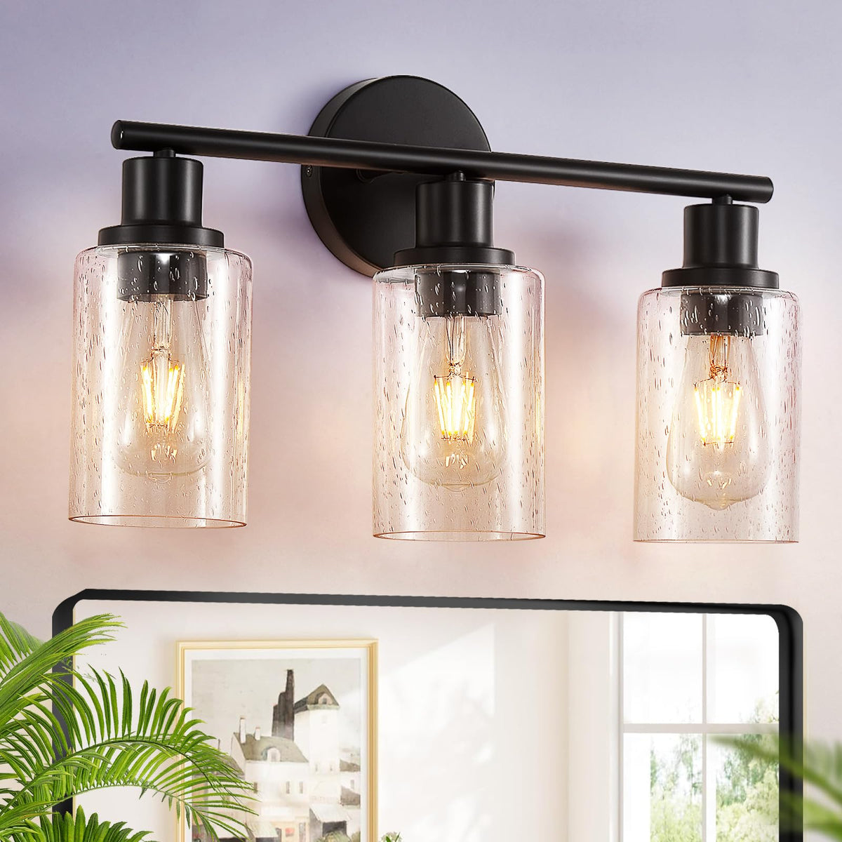 DLLT 3-Light Bathroom Light Fixtures: Set of 2 Black Modern Vanity Lights with Clear Glass Shade - 18.51" Bathroom Wall Lamp for Mirror Kitchen Living Room