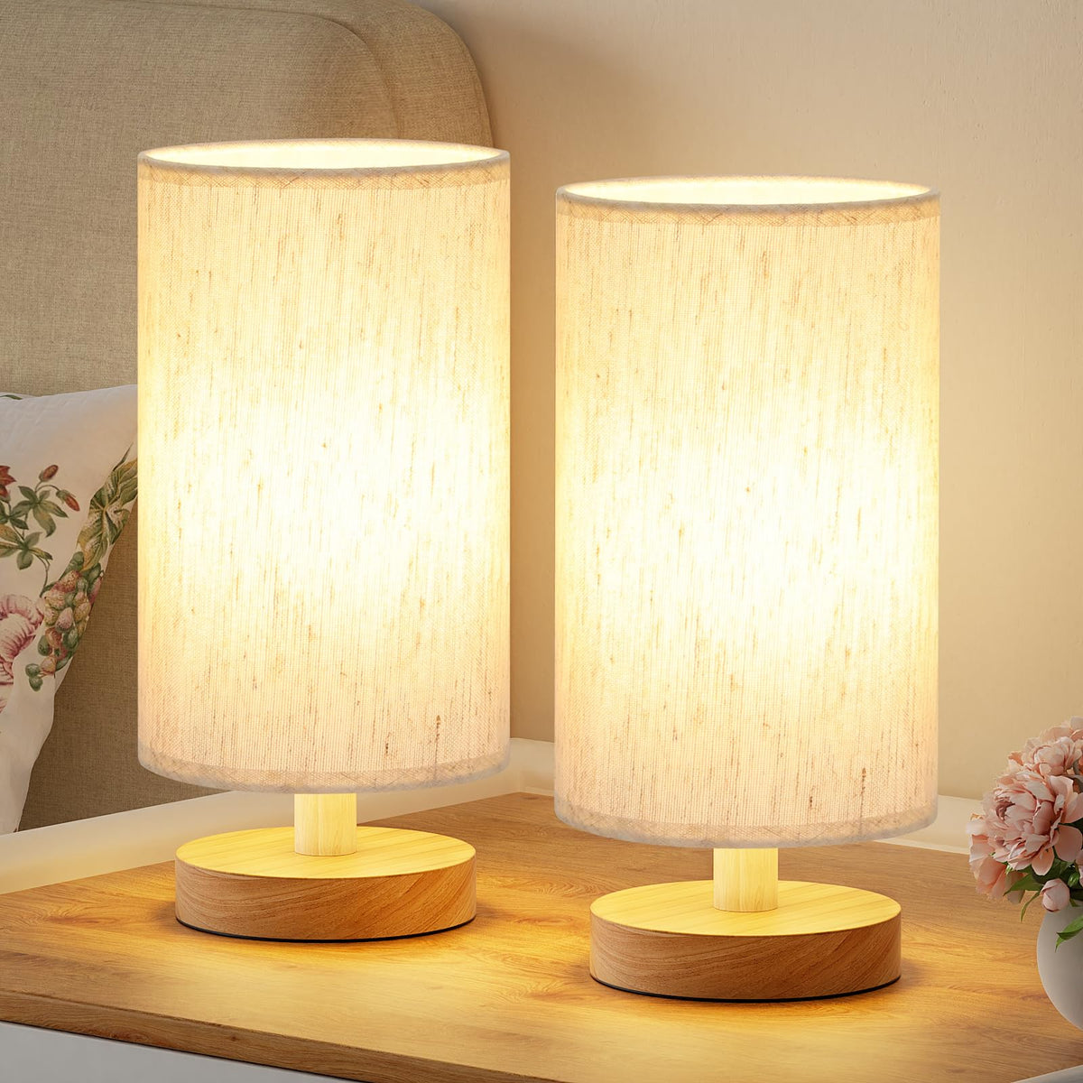 9" Small Table Lamp for Bedroom - Inline Control with 3000K Blub | Cream Shade and Wood Base | 680 Lumens | Easy Assembly | Minimalist Design | E26 | for Kitchen | for Kids Room