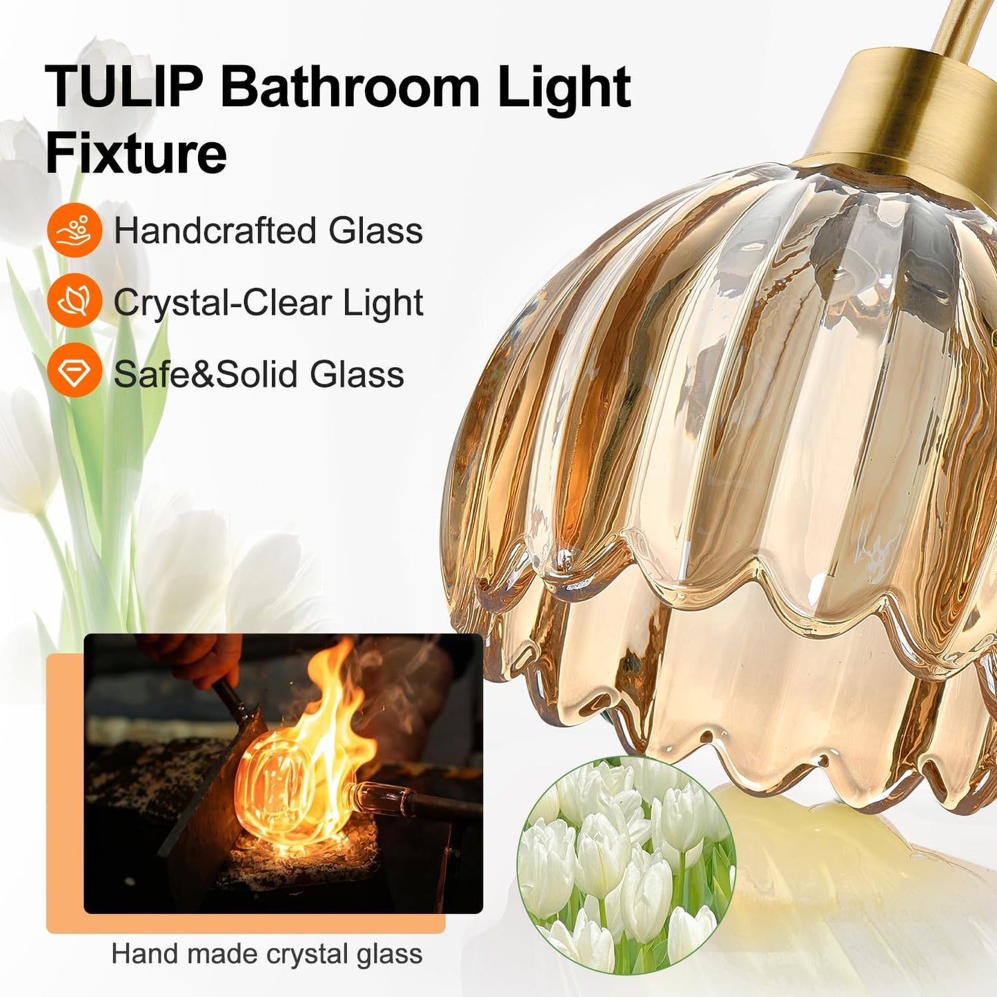 Bathroom Light Fixtures, 3-Light Brushed Gold Vanity Lights for Bathroom with Ribbed Amber Tulip Glass Shade, 20 in Bathroom Vanity Lights Over Mirror for Bedroom, Living Room, Hallway