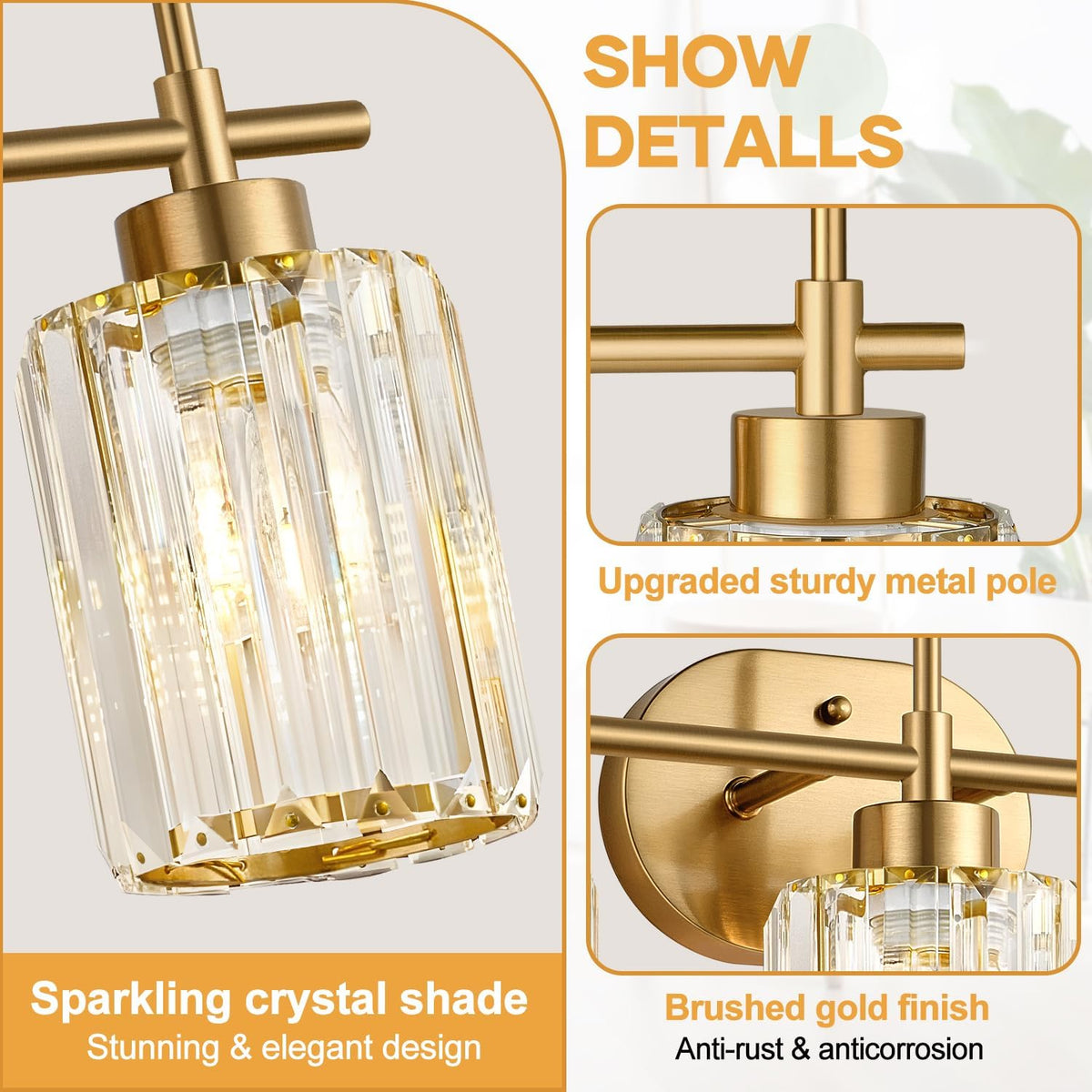 Modern Crystal Bathroom Vanity Light, 3-Light Brushed Gold Bathroom Light Fixtures with Clear Shades, Vanity Lighting Fixtures Over Mirror (Exclude Bulb)