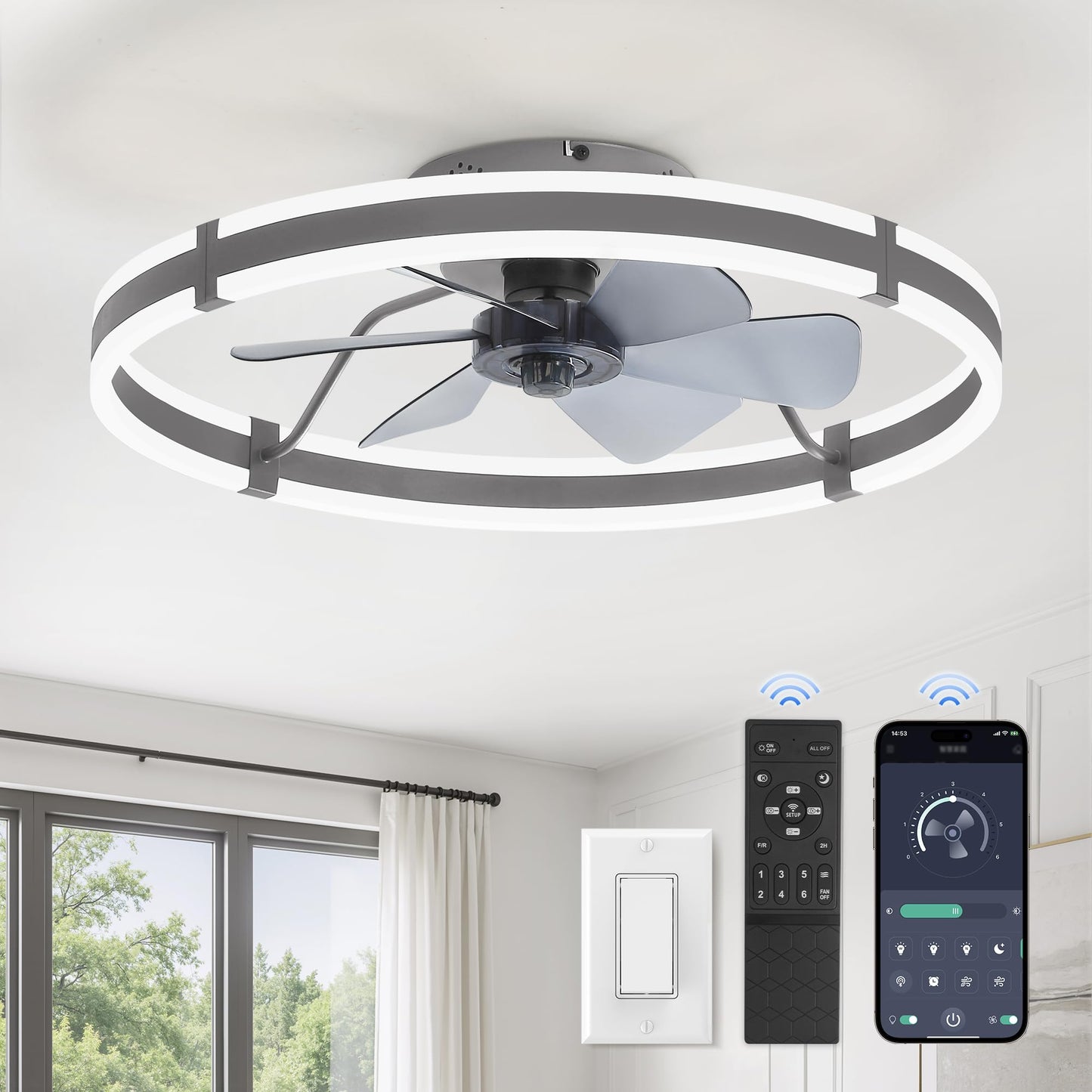 ZMISHIBO Low Profile 19.7'' Ceiling Fans with Lights and Remote, Black | 3000-6000K Dimmable LED Fandelier, Quiet DC Motor, Reversible Airflow, 6 Wind Speeds, Timer, Bedroom, Living Room, Kitchen