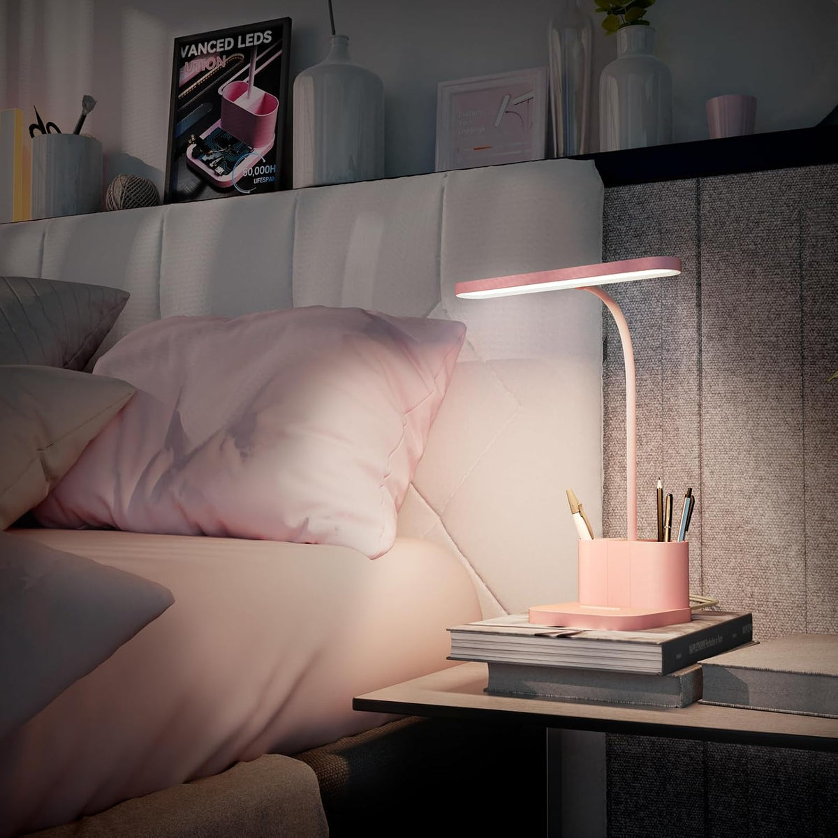 Pink Desk Lamp for Teen Girls, College Dorm Room Cute Table Light | Home Office Bedroom Essentials, Kawaii, Dimmable LED, Flexible Gooseneck, Pen Holder, Touch Control, for Kids Adults