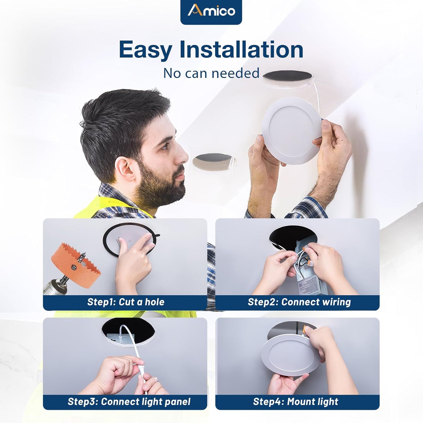 Amico 12 Pack 6 Inch LED Recessed Lighting, Canless Wafer Downlight, White | 5CCT 2700K-5000K, 5%-100% Dimmable, Ultra-thin, Metal housing, 1050LM 12W 120V, IC & Damp Rated, ETL & FCC, 50000h Life Span
