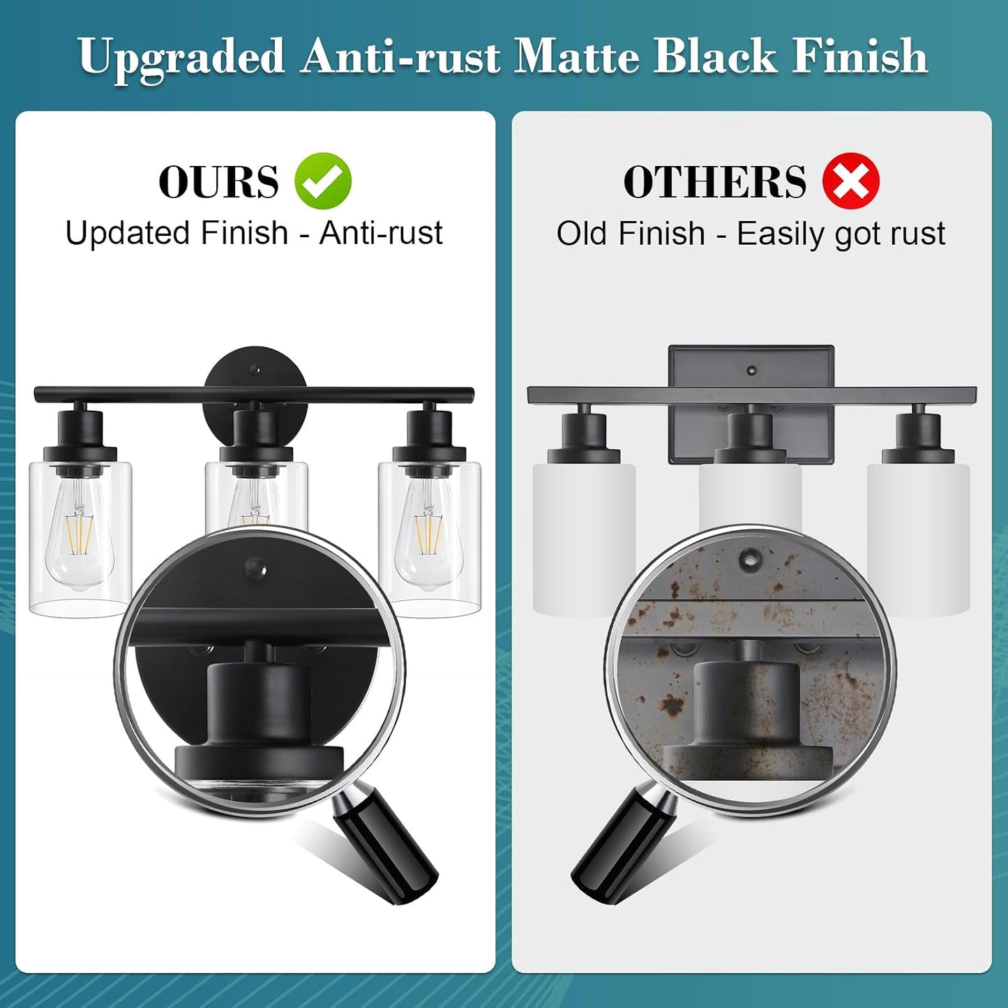 Modern Bathroom Light Fixtures, 3 Light Vanity Lights, Black Wall Lamp with Clear Glass for Bathroom, Mirror, Living Room, Bedroom, Hallway, E26 Base