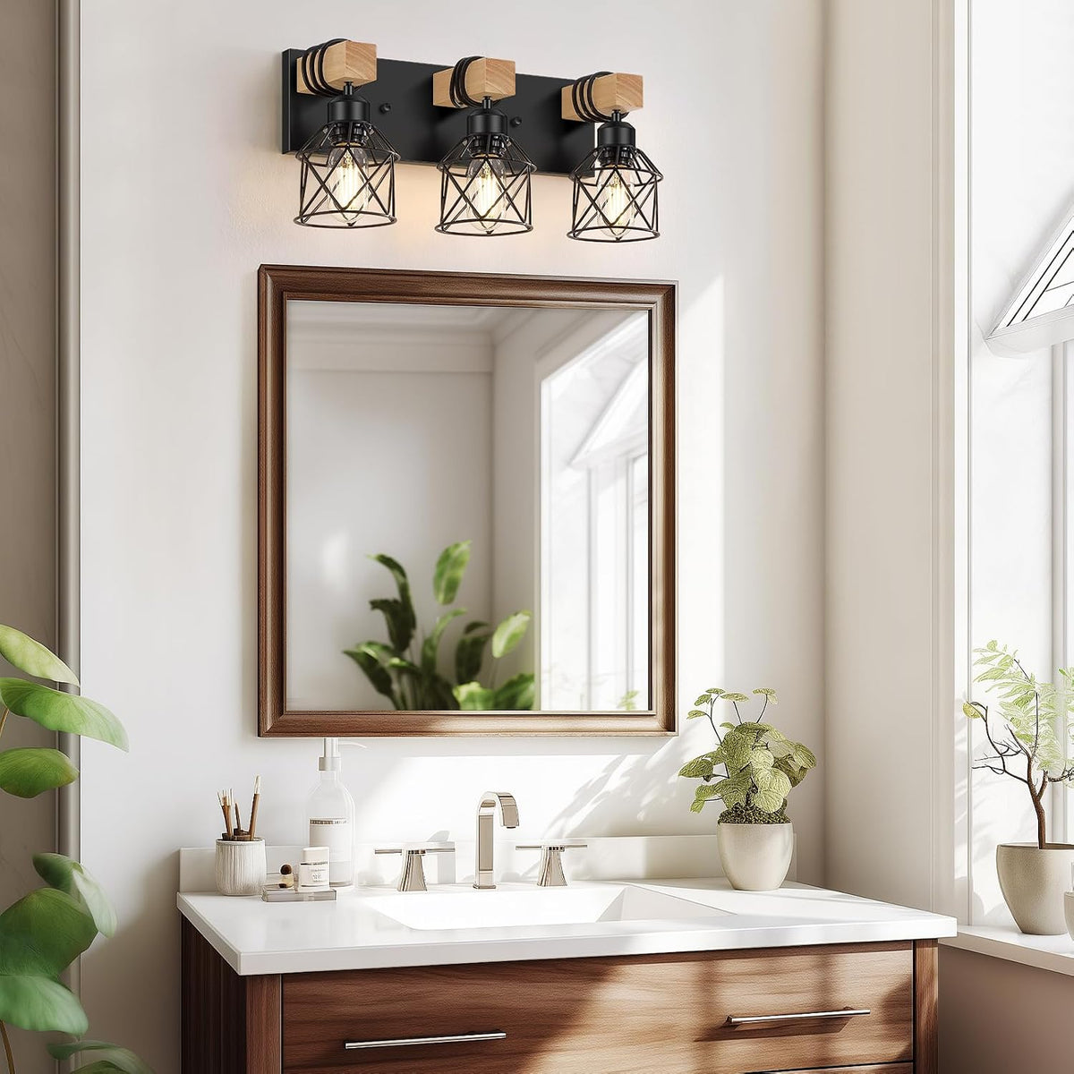 FadimiKoo 3-Light Bathroom Vanity Lights, Farmhouse Bathroom Light Fixtures | Rustic Wood & Black Metal Shade, Wood Bathroom Lighting Fixtures Over Mirror, Wall Sconces for Bathroom Bedroom Living Room
