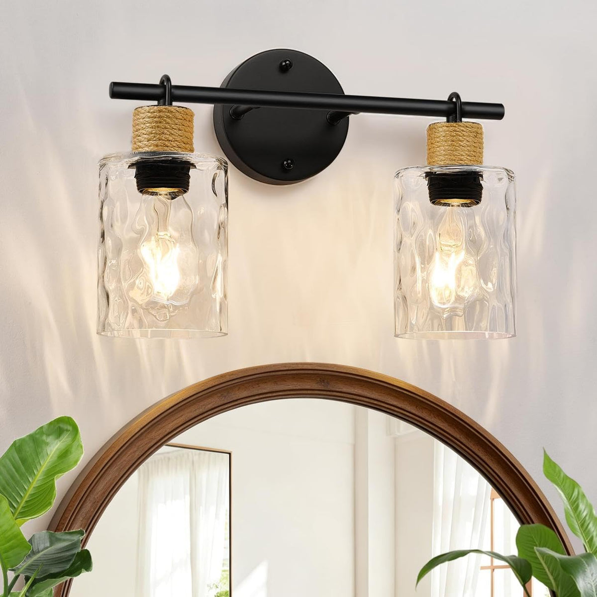MOKATNG Bathroom Light Fixtures, 3-Light Coastal Vanity Lights with Crystal Glass Shade, Black Bathroom Wall Lamp for Mirror Kitchen Hallway Cabinet