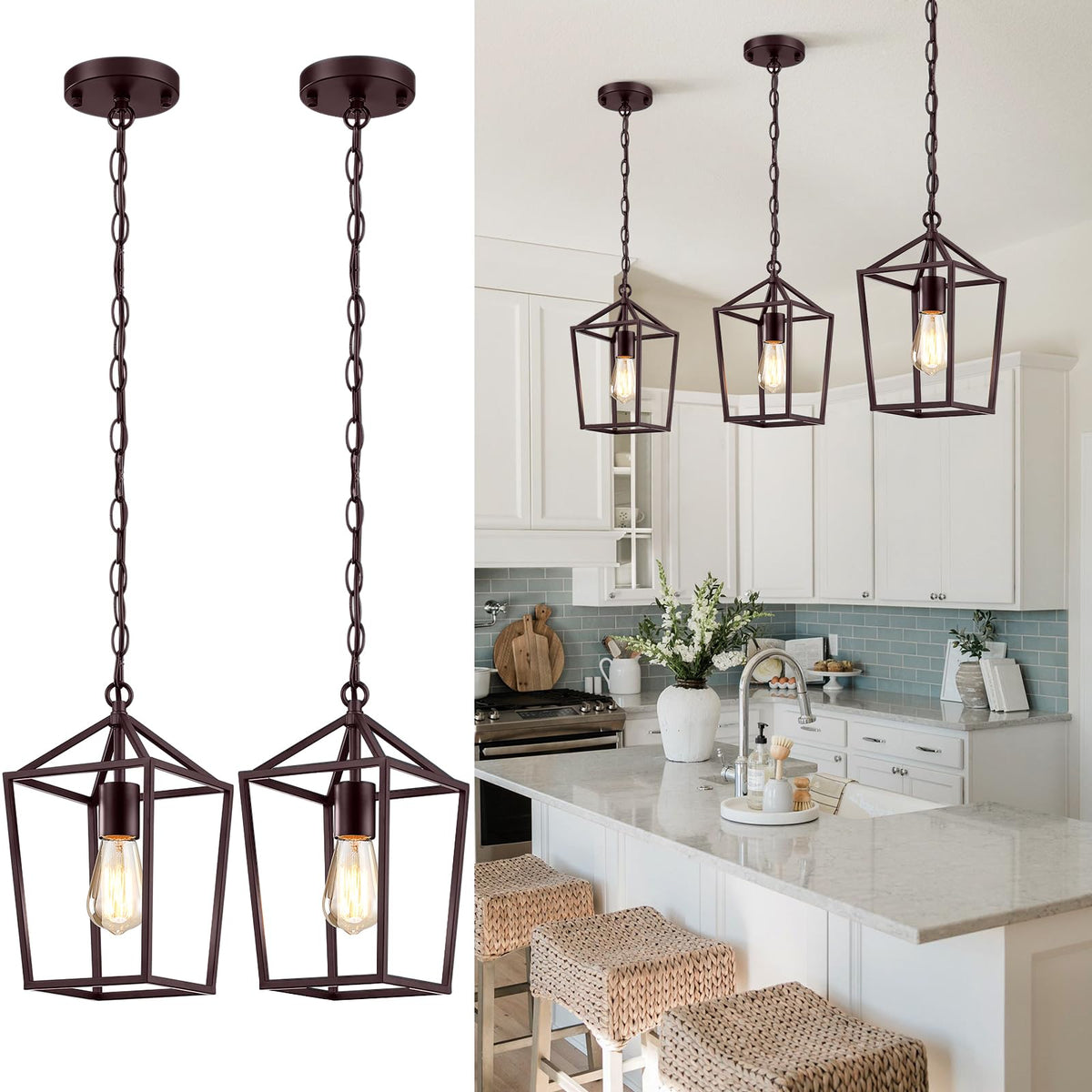 Sheetea 2 Pack Pendant Lights Kitchen Island, Modern Black Light Fixtures | Farmhouse Design, Ceiling Hanging Height Adjustable, Durable Metal, Quick & Easy Installation, Small Pendant Lighting