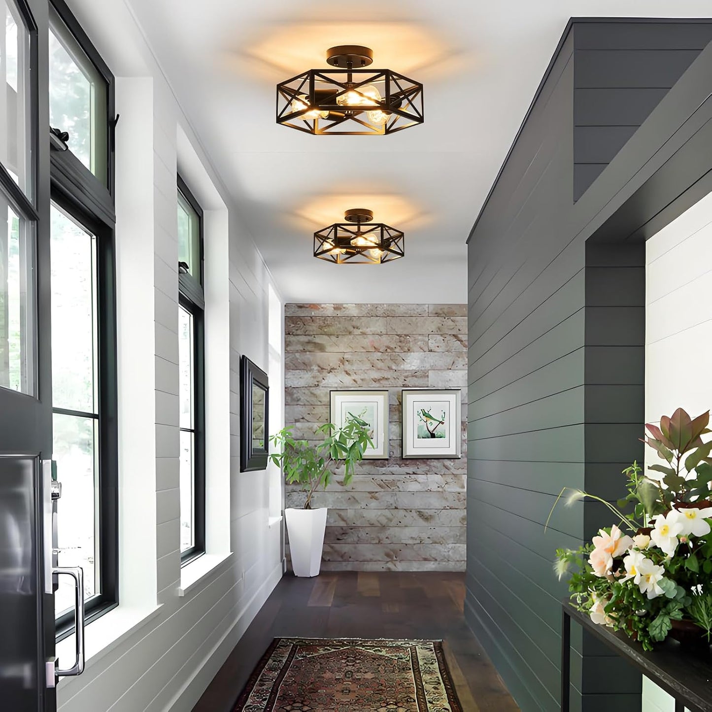 Black Modern Farmhouse Metal Semi Flush Mount Ceiling Light Fixture 14.6 in | Industrial Ceiling Lighting Fixture,hexagonal Lighting Fixtures for Kitchen Island Bedroom Foyer Dining Room Hallway,3-Light