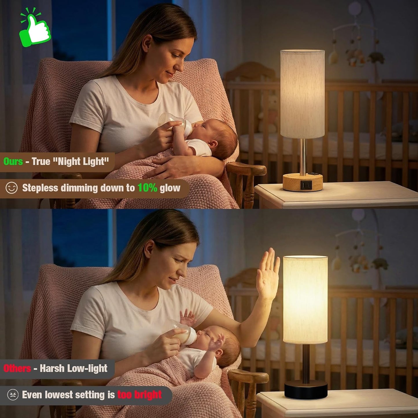 Touch Bedside Table Lamp for Bedroom, Stepless Dimmable, USB A+C, AC Outlet | Base Touch Button Only, Memory Brightness, Ultra-dim Night Light, Included Bulb for Optimal Dimming, Wood Grain Base, Nursery