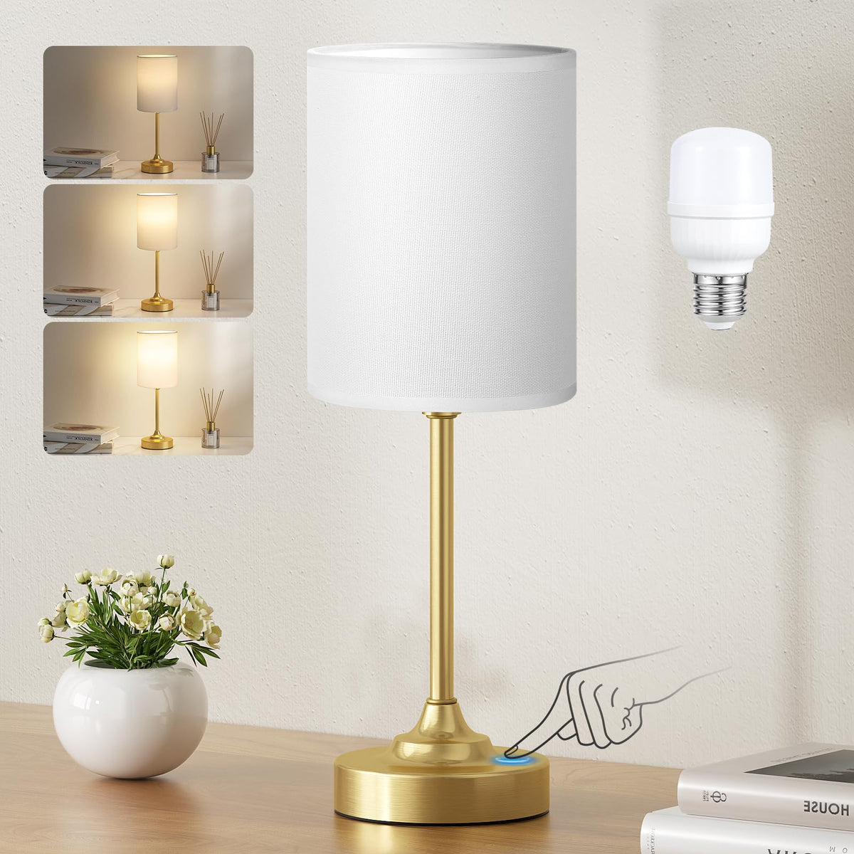Bedside Table Lamp for Bedroom - Dimmable Touch, USB A+C, AC Outlet | 3-Way Dimmable, LED Bulb Included, Fabric Lampshade, Wood-Grain Metal Base, 14" Small Nightstand Lamp for Desk, Living Room
