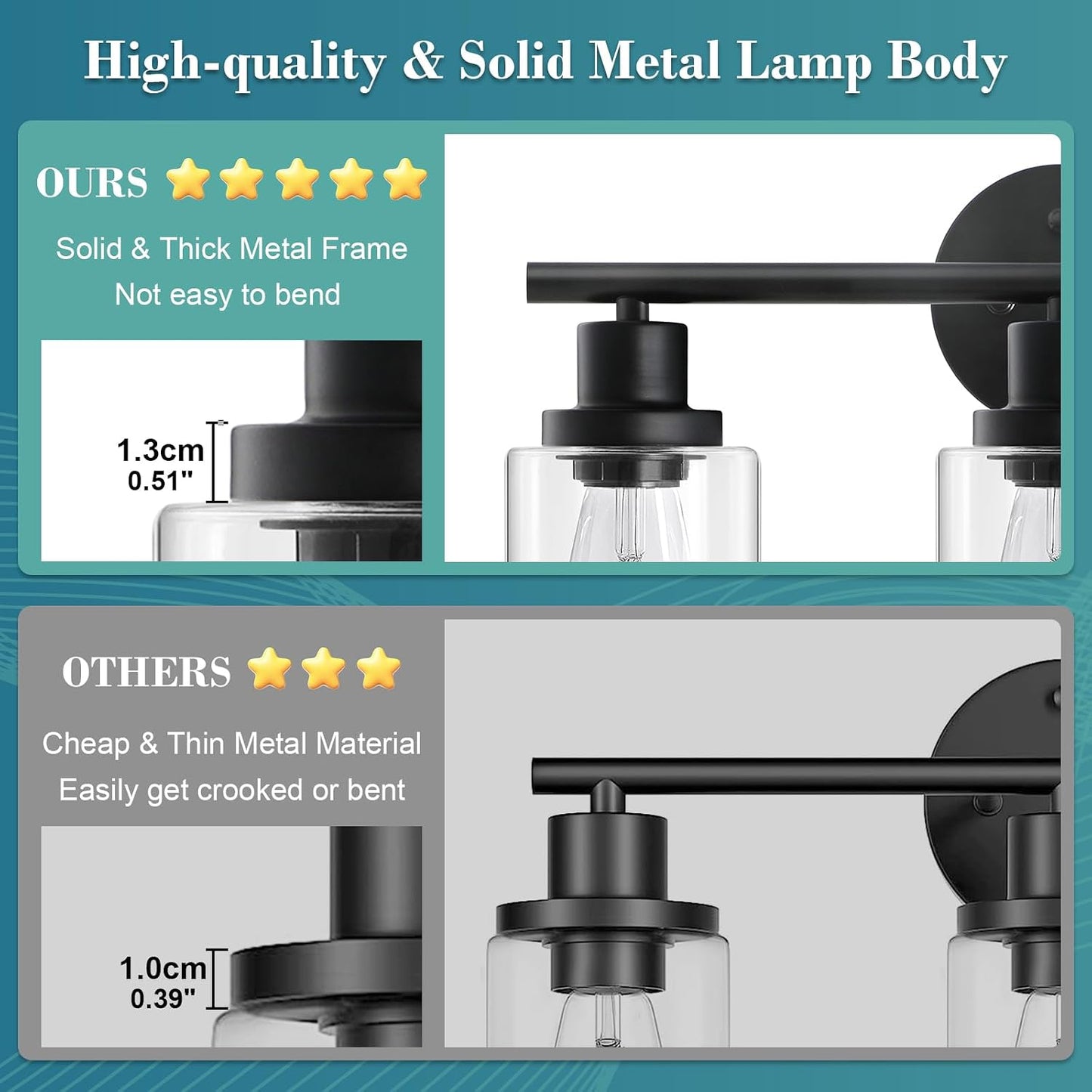 Modern Bathroom Light Fixtures, 3 Light Vanity Lights, Black Wall Lamp with Clear Glass for Bathroom, Mirror, Living Room, Bedroom, Hallway, E26 Base