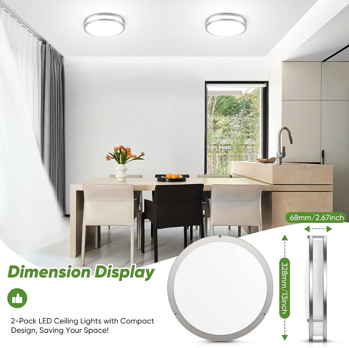 36W LED Ceiling Lights 3600lm Super Bright, Flush Mount Light Fixtures | Dimmable, 6500K/5000K/4000K/3000K/2700K Adjusted Modern Ceiling Lights 2PACK, 13in Ceiling Lamps for Bedroom Kitchen, Nickle
