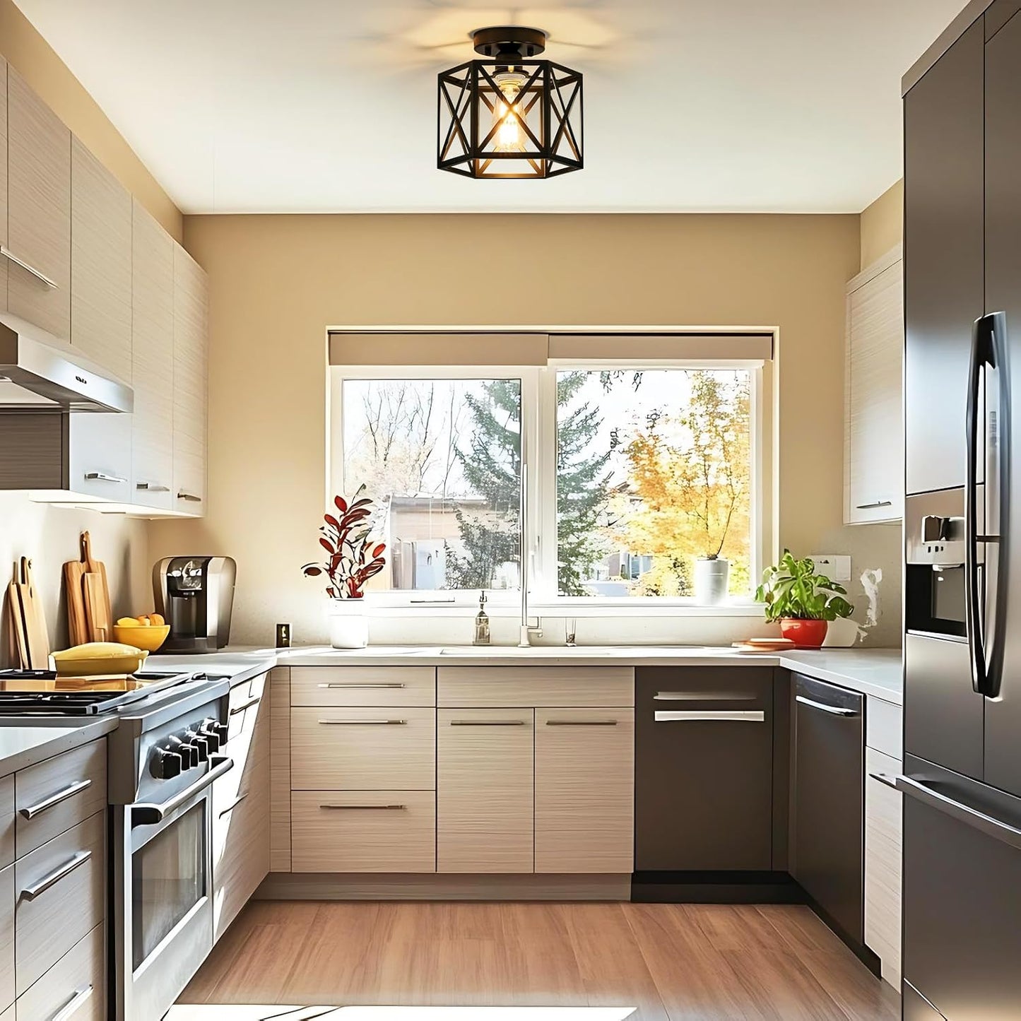 Modern Farmhouse Black Metal Semi Flush Mount Ceiling Light Fixture 9.5 in | Industrial Lighting Fixture,Hexagonal Close to Ceiling Lights for Kitchen, Hallway, Entryway, Bedroom,Foyer,Laundry Room