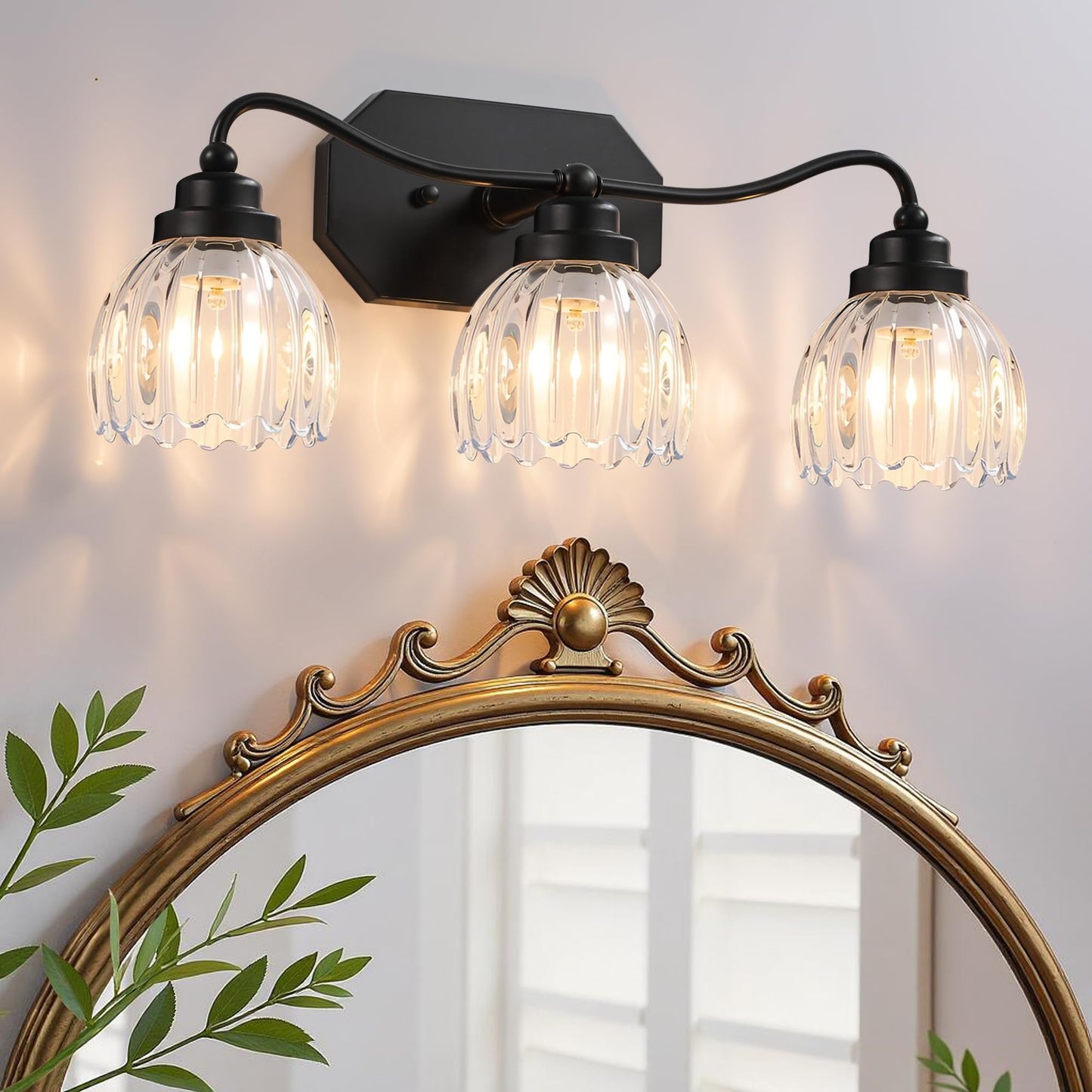 3 Light Gold Vintage Vanity Lights, Antique Brass Finish | Clear Tulip Crystal Shades,Brushed Gold Bathroom Light Fixtures,Wall Sconce Ideal for Bedroom, Hallway, Easy to Install